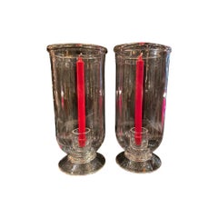 Vintage Hand Blown Crystal Hurricane Lantern Table Lamp Candleholder Light Design, Pair