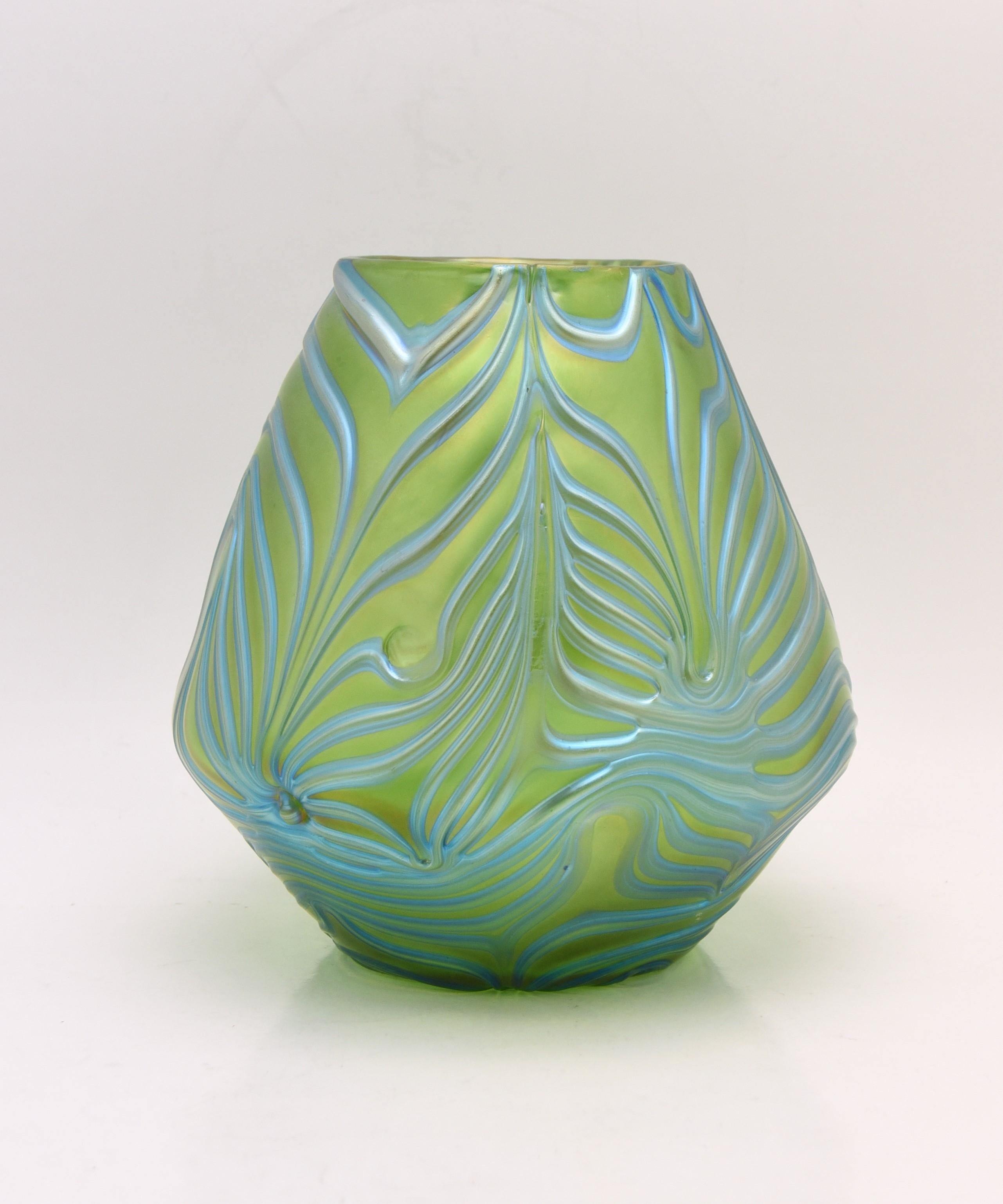 Czech Pair Hand Blown Loetz Art Nouveau Vases w/ Turquoise and Green Iridescence For Sale