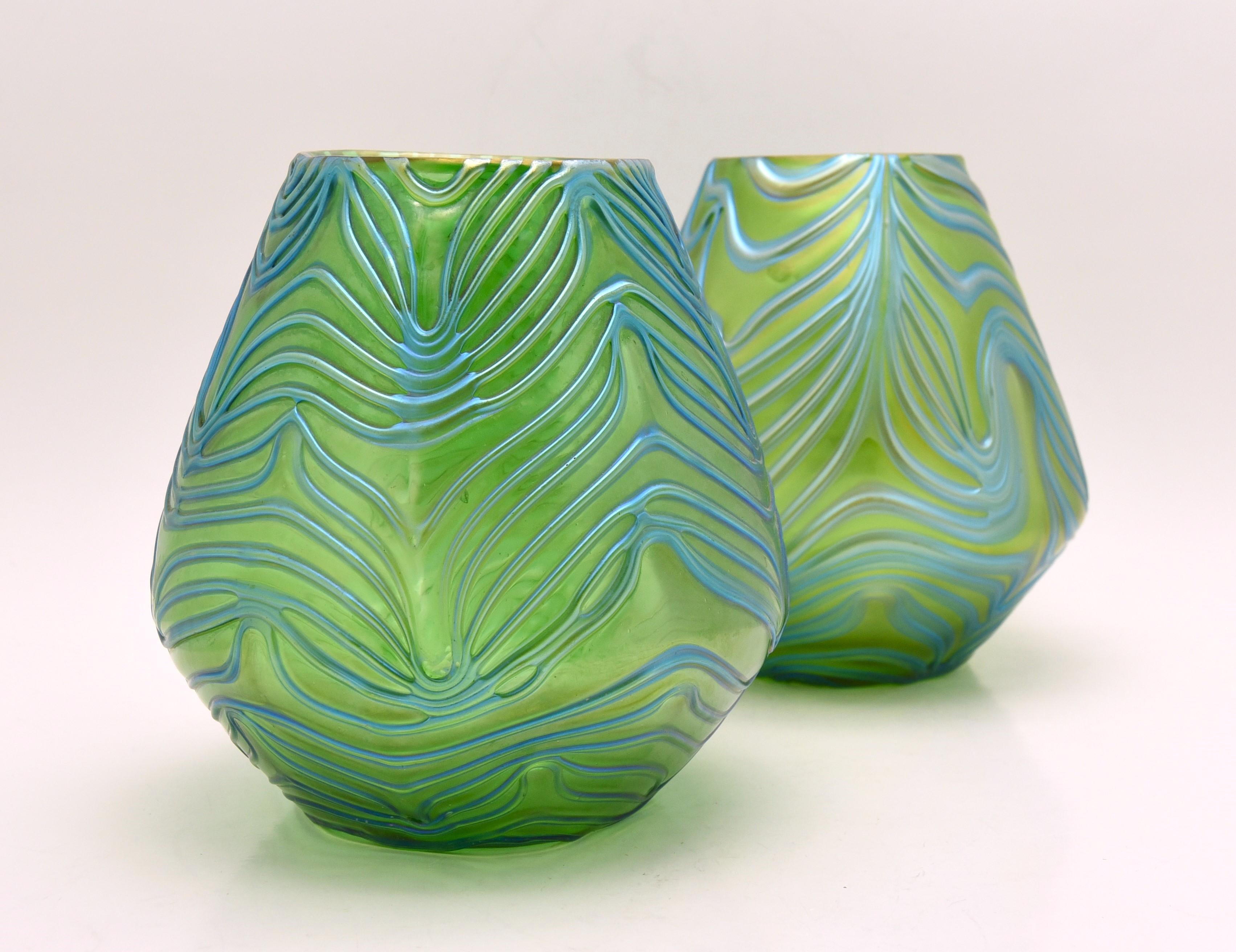 Early 20th Century Pair Hand Blown Loetz Art Nouveau Vases w/ Turquoise and Green Iridescence For Sale