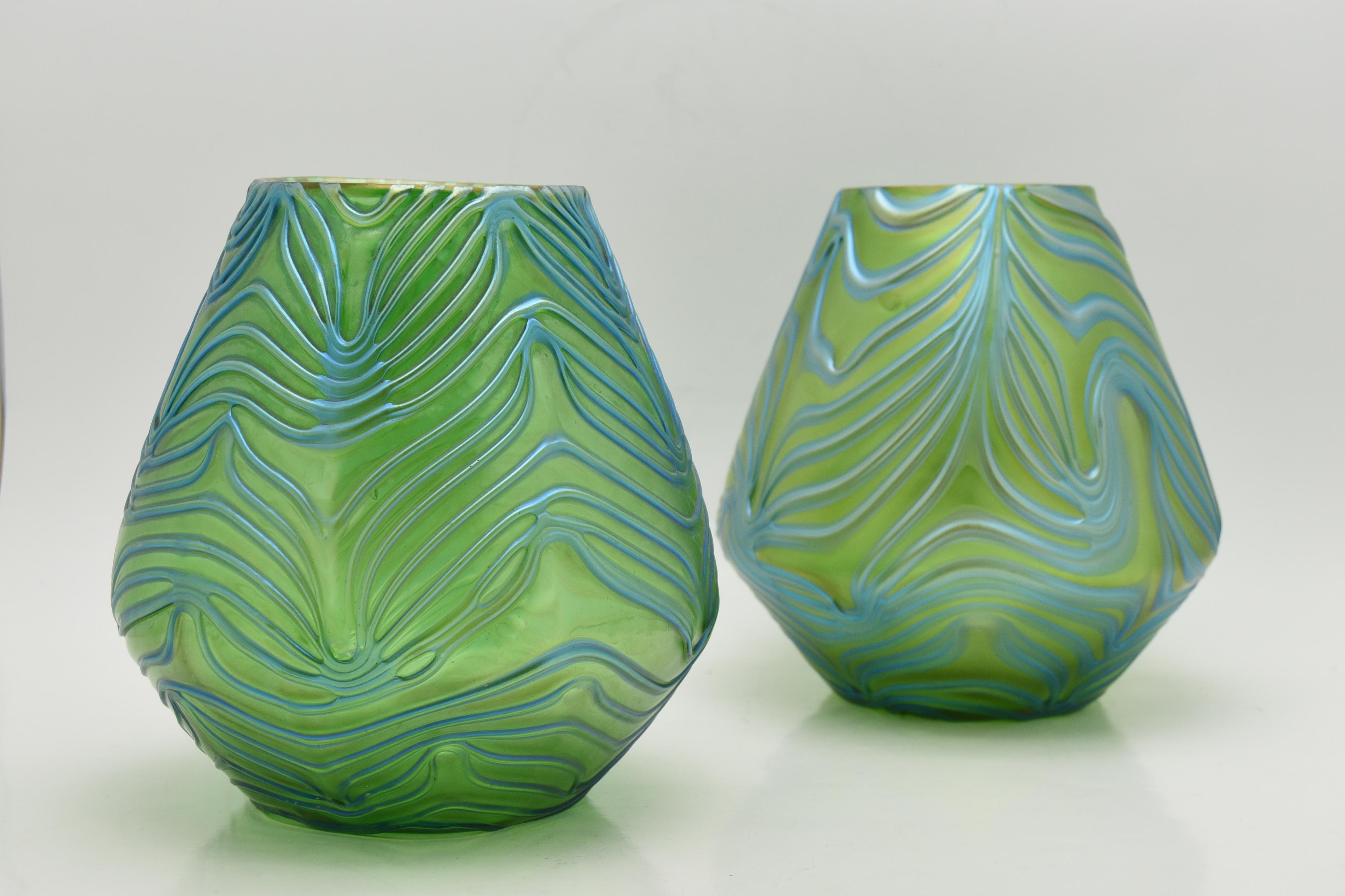 Blown Glass Pair Hand Blown Loetz Art Nouveau Vases w/ Turquoise and Green Iridescence For Sale