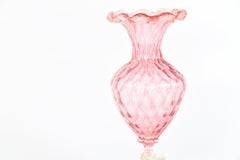 Pair Hand Blown Pink & Gold Leaf Venetian Vases w/ Figural Swan Stems Salviati