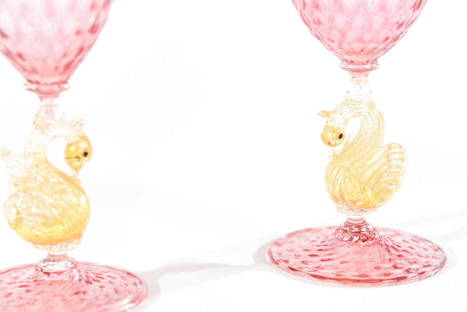 Italian Pair Hand Blown Pink & Gold Leaf Venetian Vases w/ Figural Swan Stems Salviati For Sale