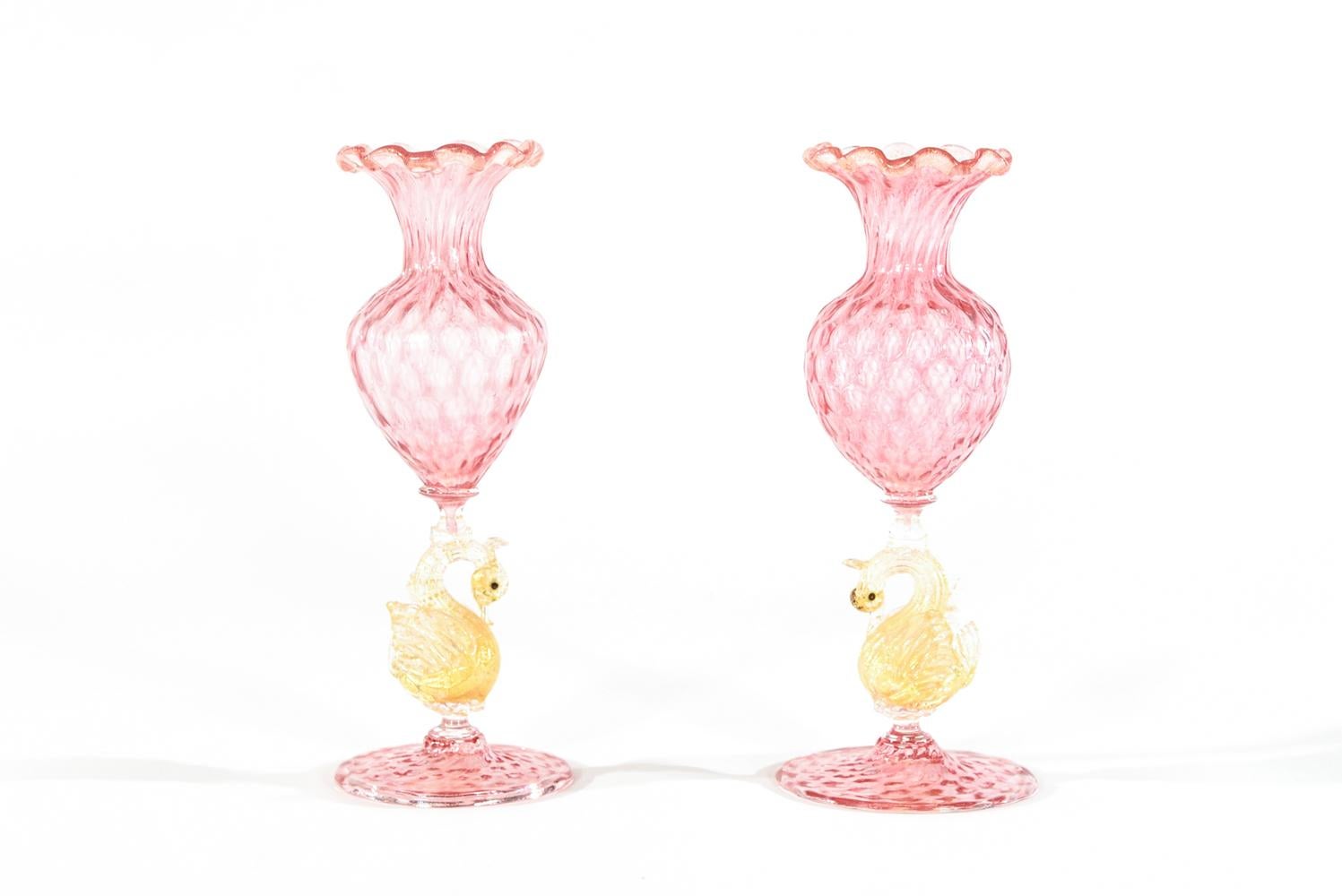 Mid-20th Century Pair Hand Blown Pink & Gold Leaf Venetian Vases w/ Figural Swan Stems Salviati For Sale