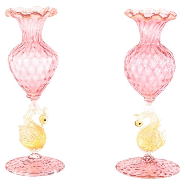 Pair Hand Blown Pink & Gold Leaf Venetian Vases w/ Figural Swan Stems Salviati