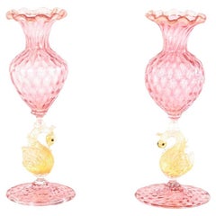 Vintage Pair Hand Blown Pink & Gold Leaf Venetian Vases w/ Figural Swan Stems Salviati