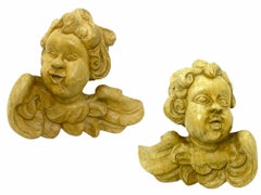 Pair of Hand Carved 20th Century Wooden Cherub Angel Head Vintage, German