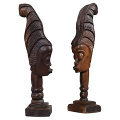 Pair Hand Carved African Women Busts Wood Sculptures 24 Inches