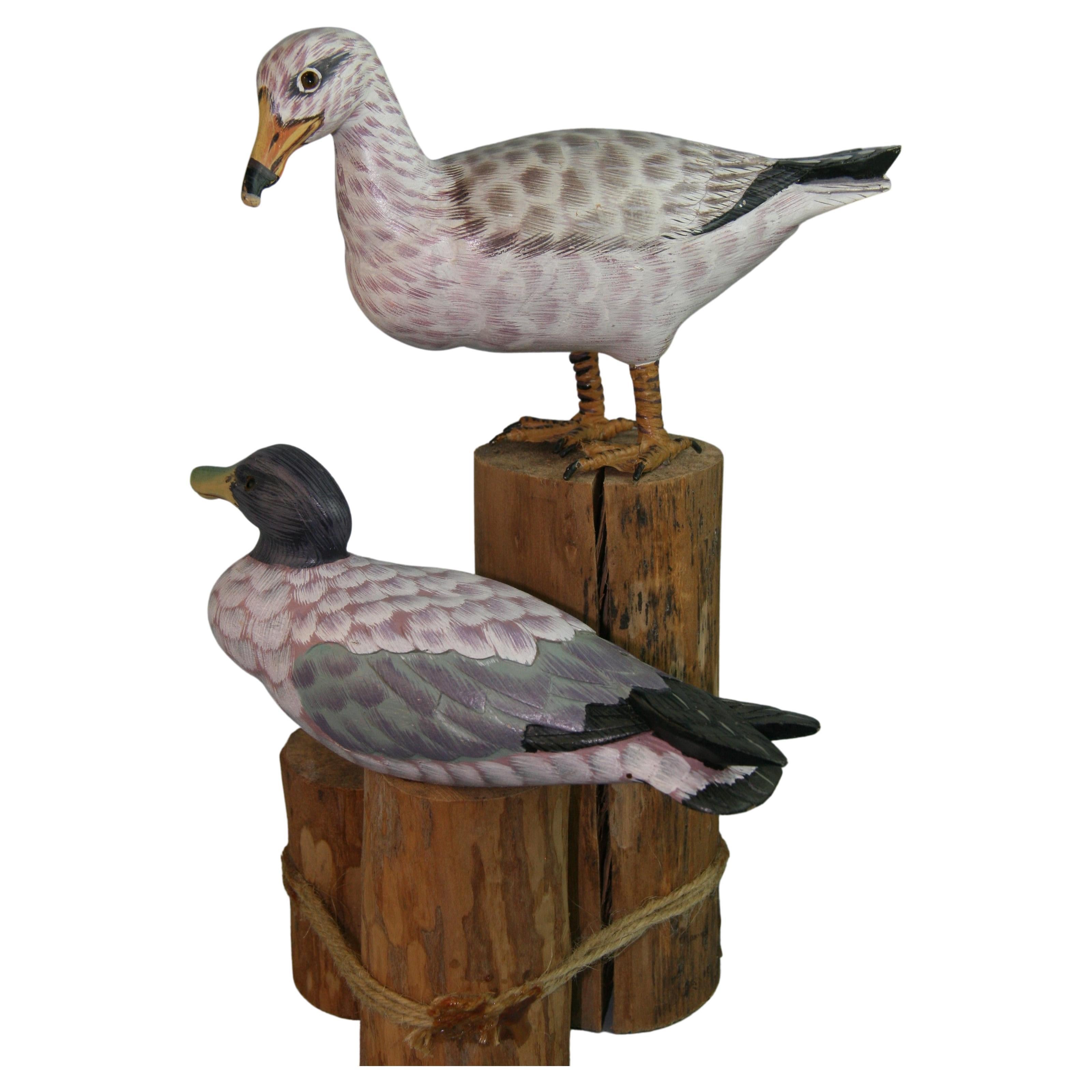 Pair Hand Carved and Painted Sea Birds on Wood Post
