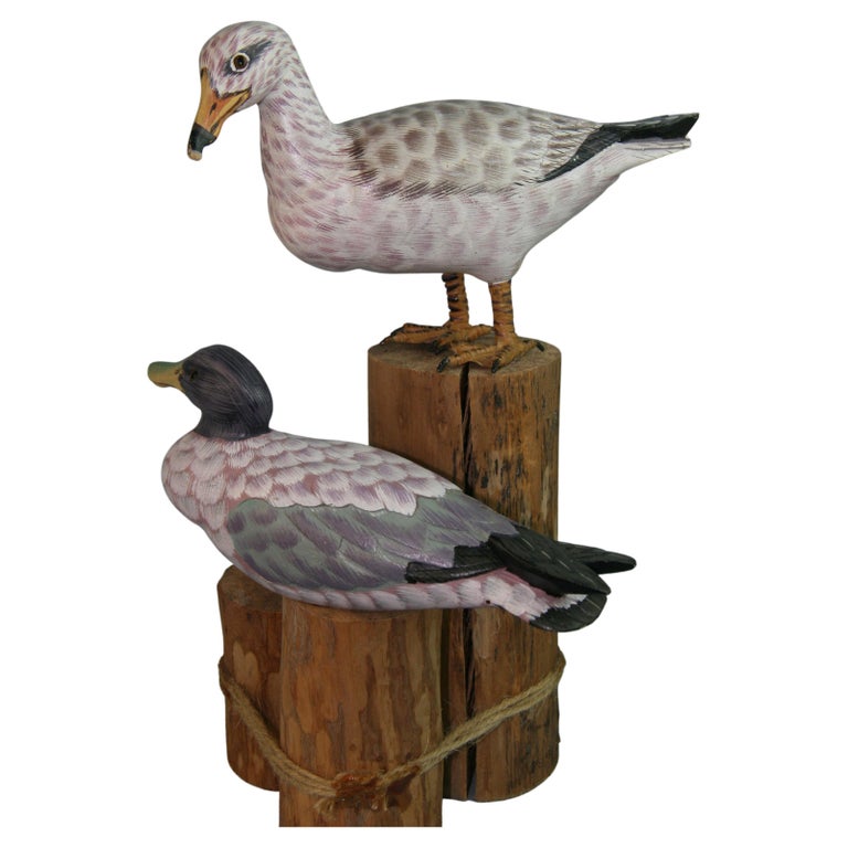 Pair Hand Carved and Painted Sea Birds on Wood Post For Sale