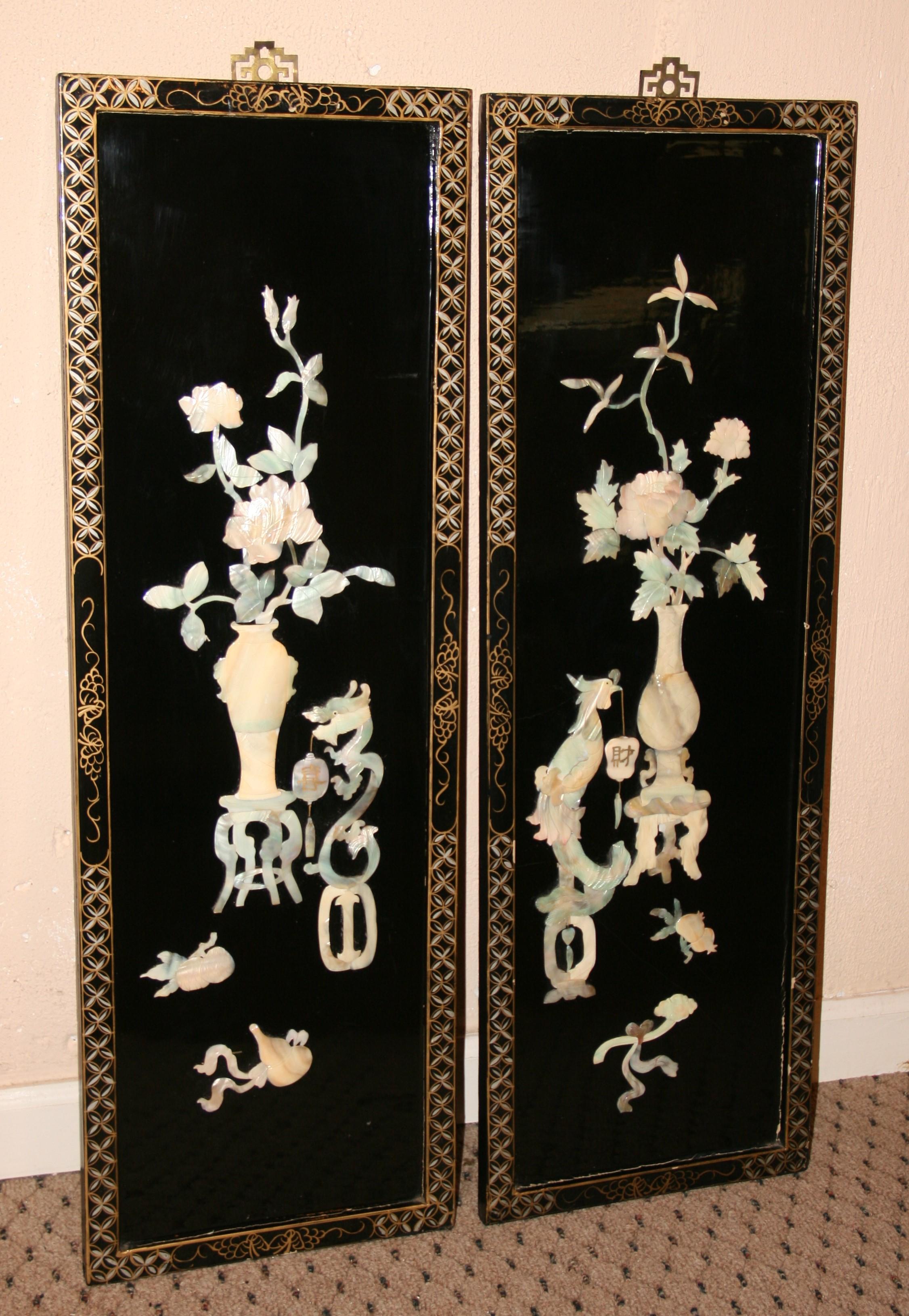 3-1059 Pair hand carved soapstone panels.
Each panel 12x36