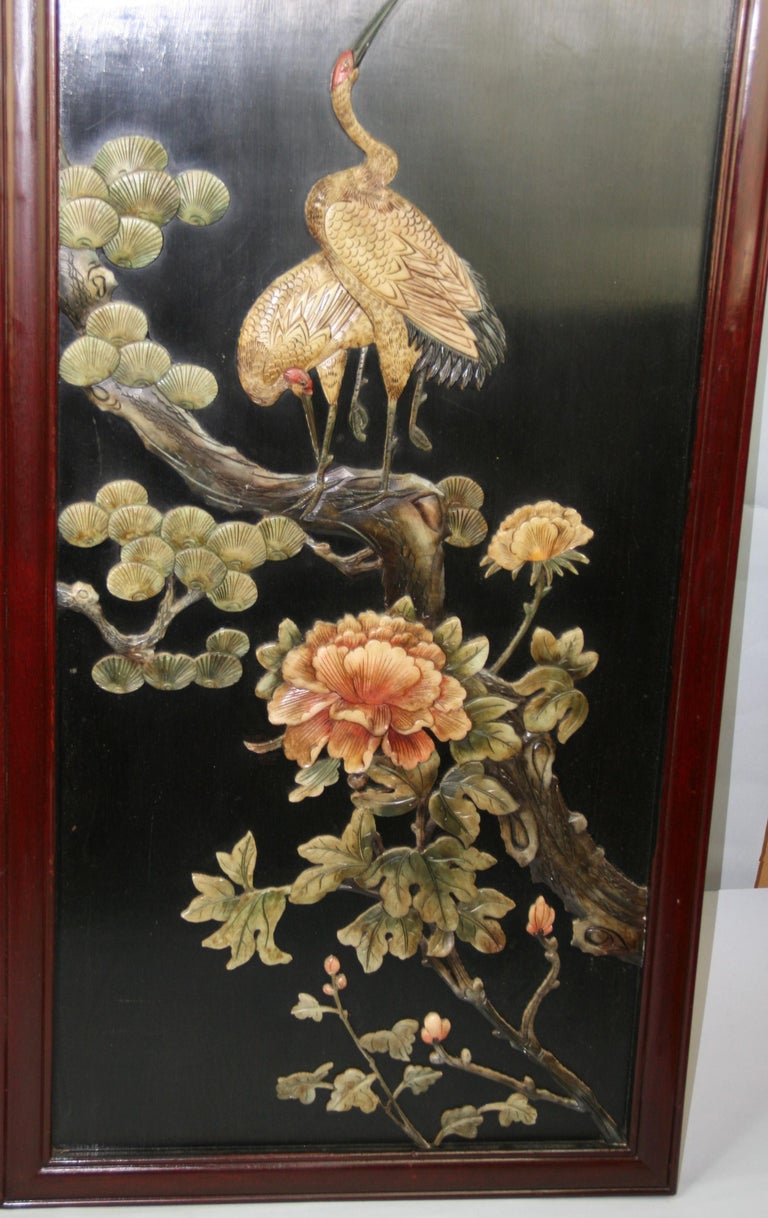 Pair Hand Carved Asian Soapstone Panels In Good Condition For Sale In Douglas Manor, NY