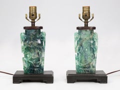 Pair Hand Carved Chinese Green Quartz Table Lamps from Quig Dynasty