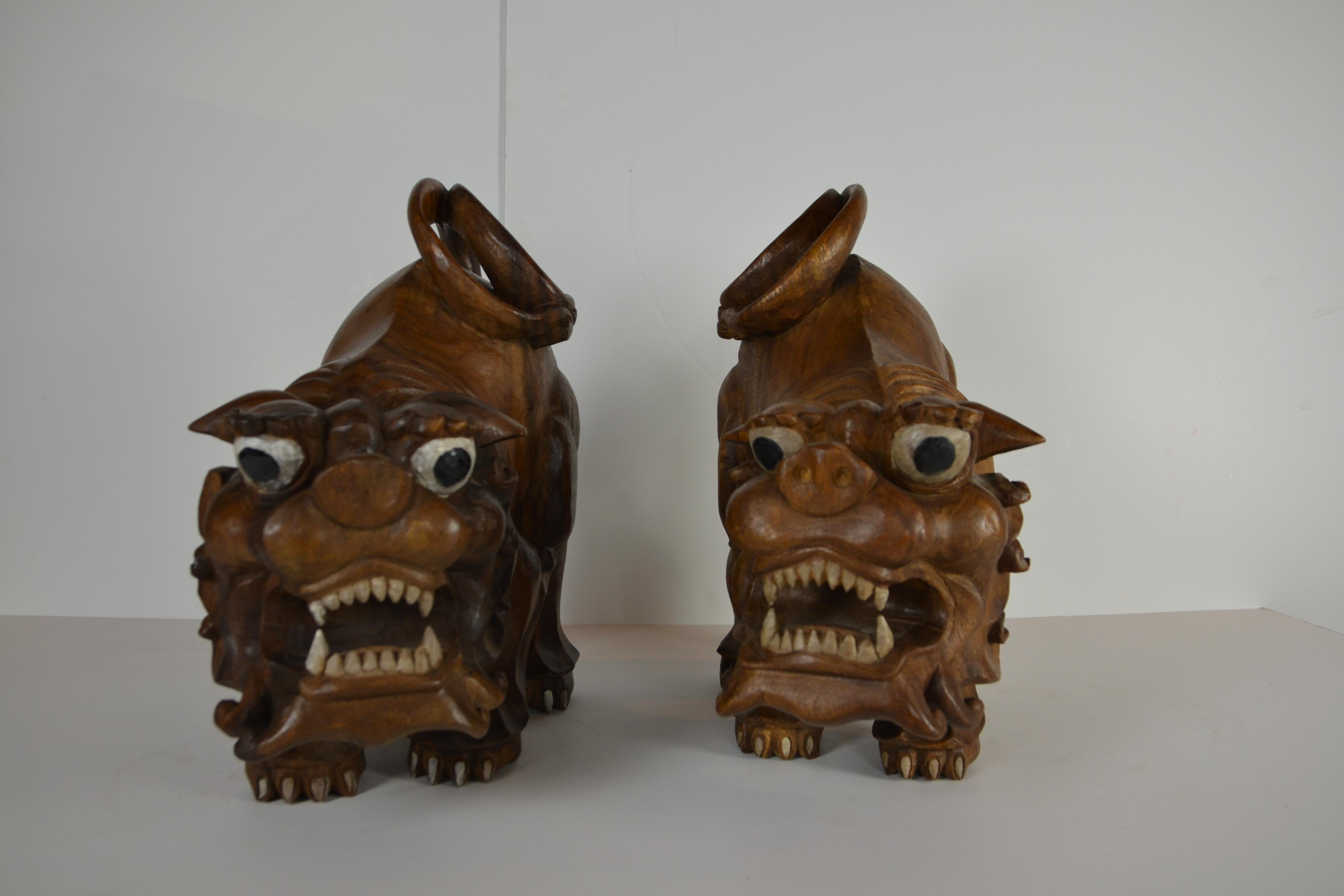 Chinese Pair Hand Carved Foo Dogs