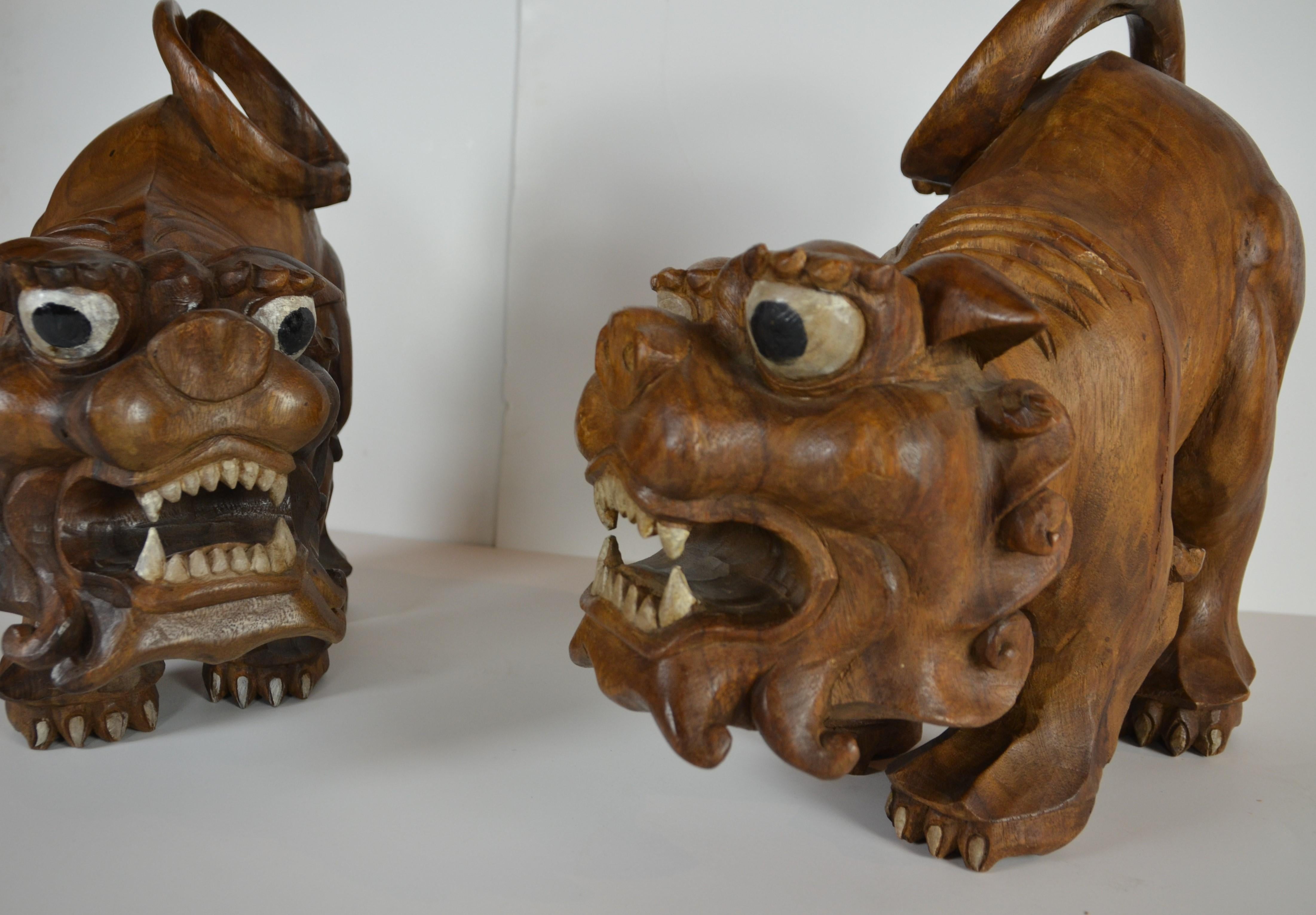 Mid-20th Century Pair Hand Carved Foo Dogs