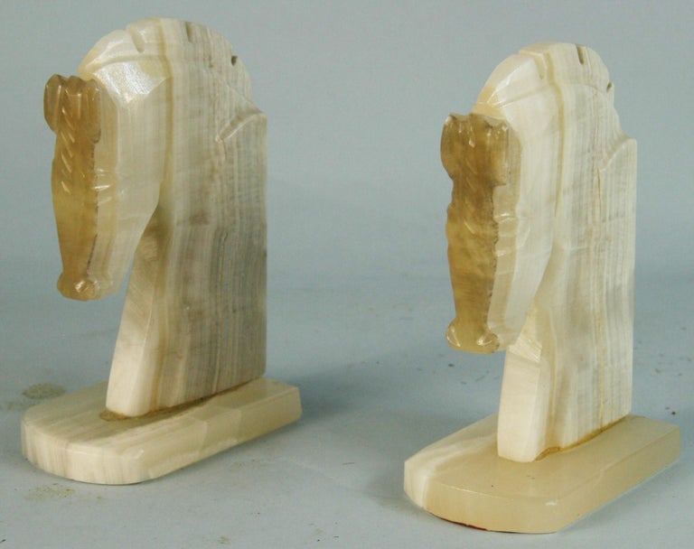 Late 20th Century Pair Hand Carved Onyx Horse Bookends For Sale