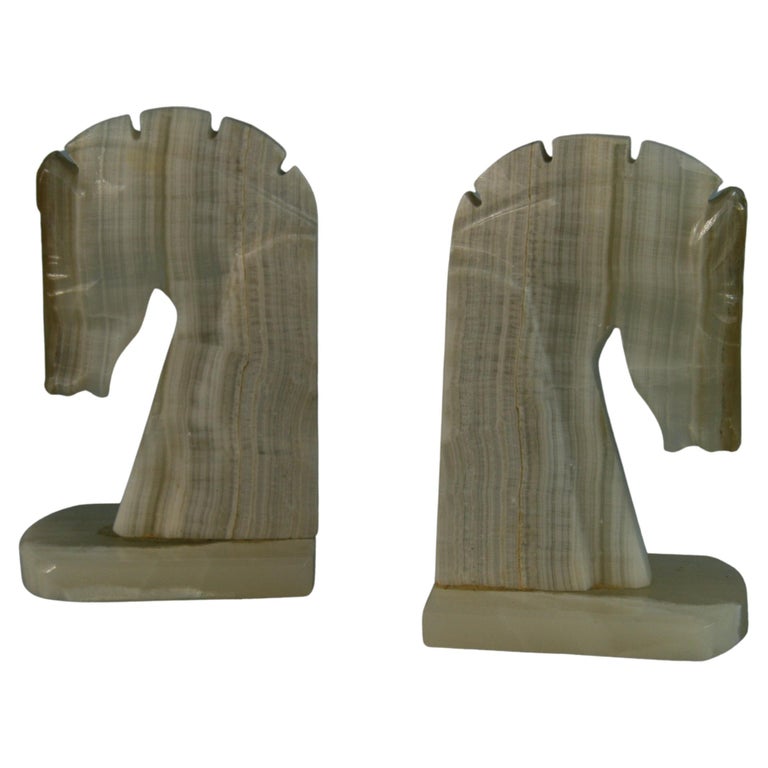 Pair Hand Carved Onyx Horse Bookends For Sale
