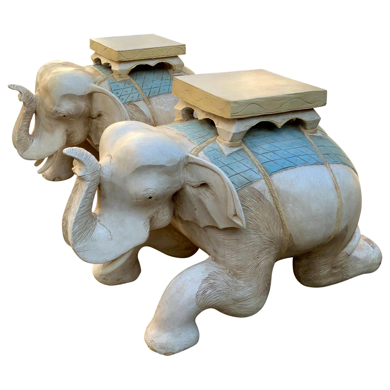 Chinese Export Pair Hand Carved Polychromed Wood Elephant Garden Seats For Sale