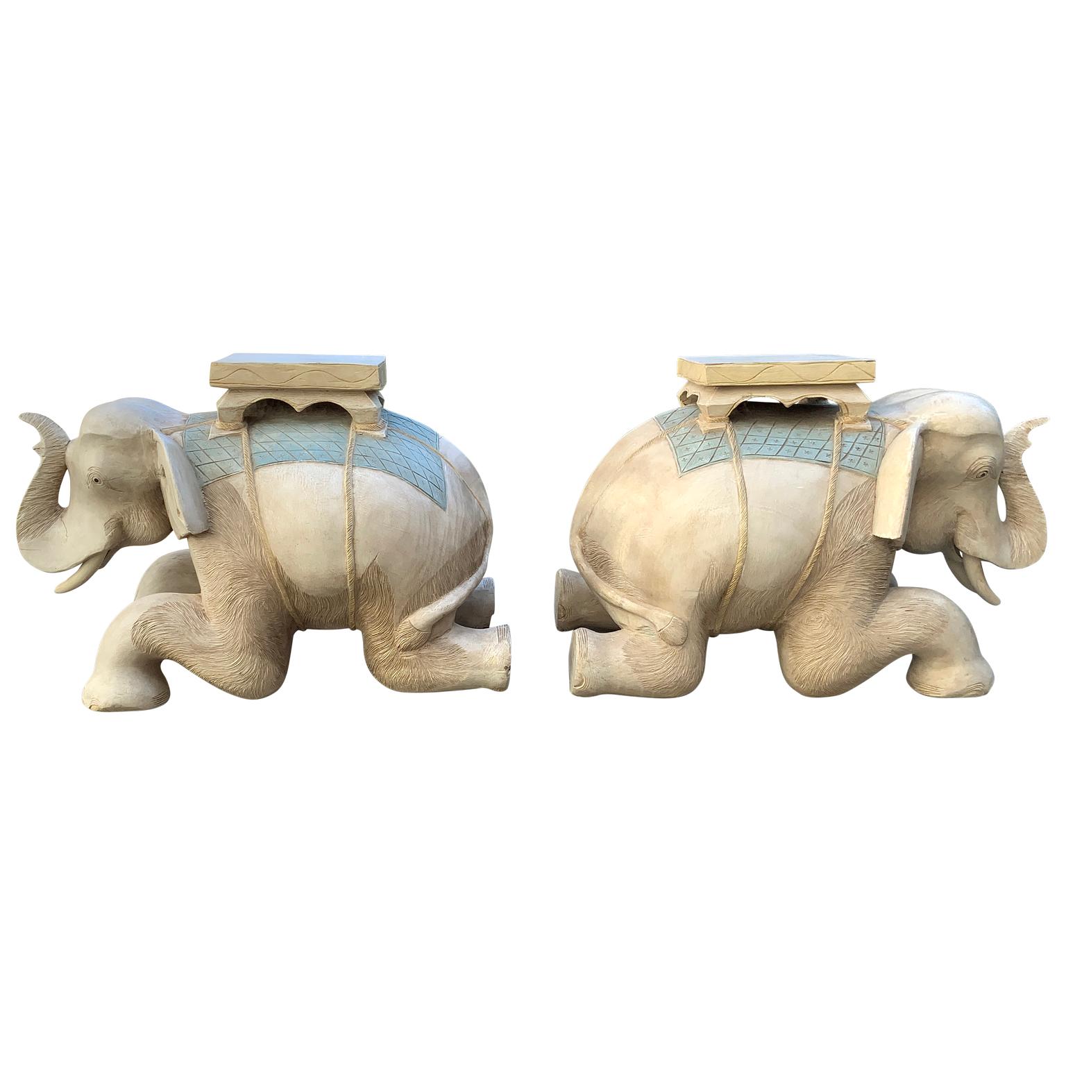 American Pair Hand Carved Polychromed Wood Elephant Garden Seats For Sale