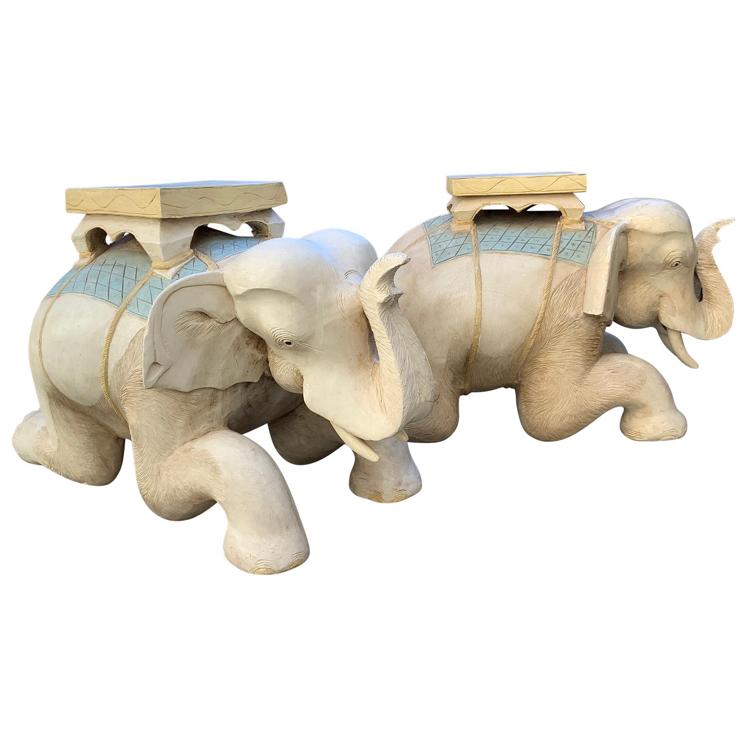 Hand-Carved Pair Hand Carved Polychromed Wood Elephant Garden Seats For Sale