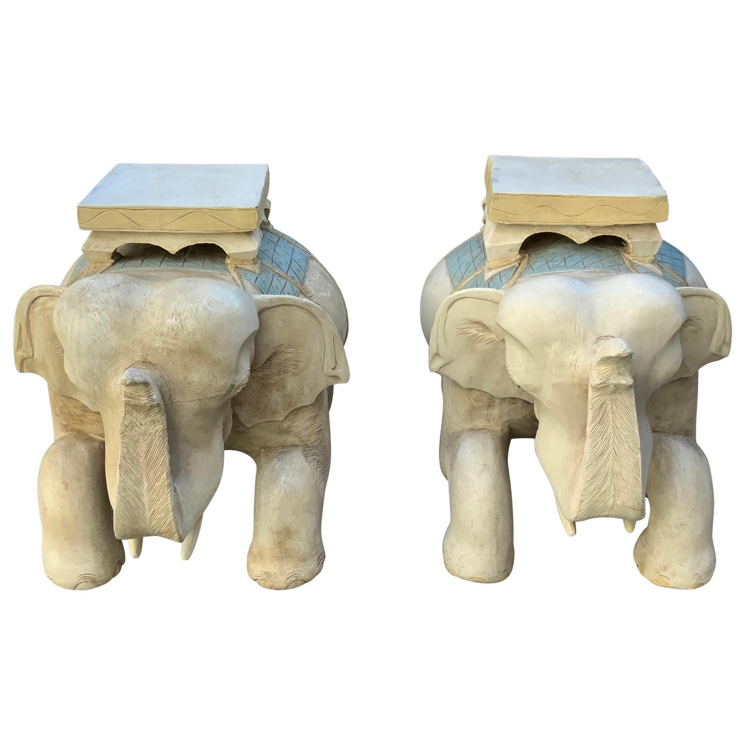 Pair Hand Carved Polychromed Wood Elephant Garden Seats In Good Condition For Sale In Haddonfield, NJ
