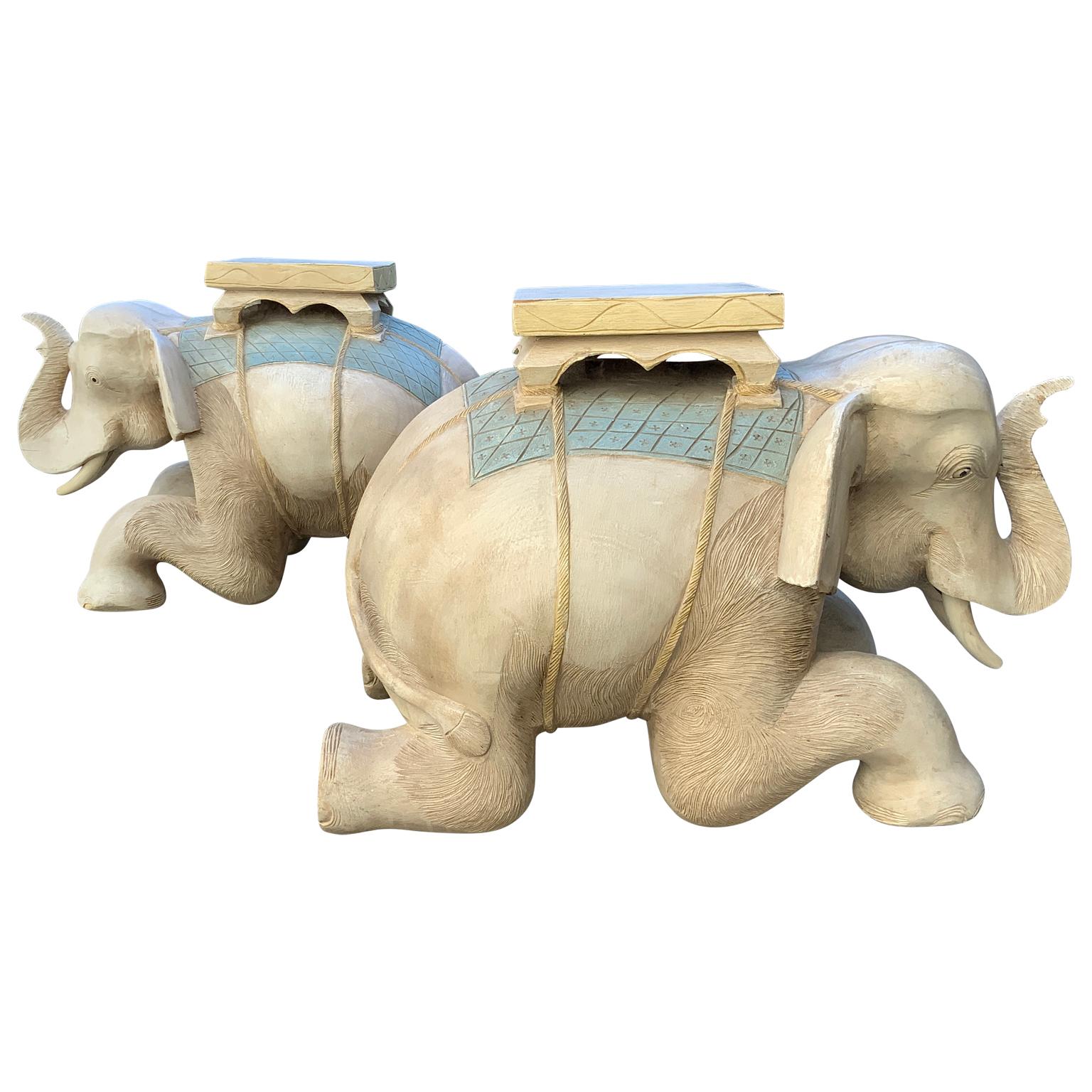 20th Century Pair Hand Carved Polychromed Wood Elephant Garden Seats For Sale