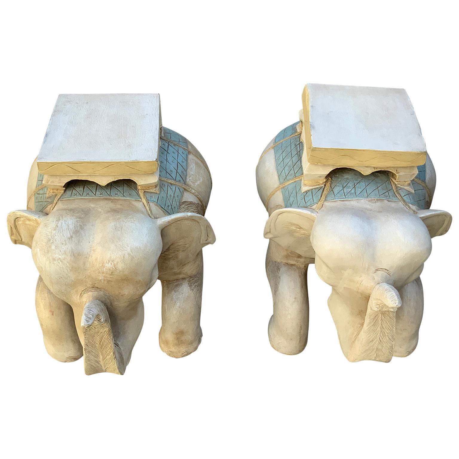 Pair Hand Carved Polychromed Wood Elephant Garden Seats For Sale 1