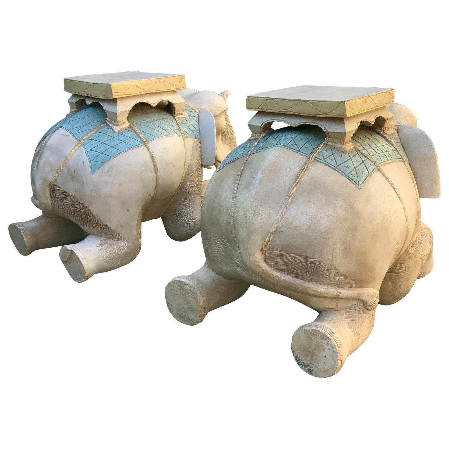 Pair Hand Carved Polychromed Wood Elephant Garden Seats For Sale 2