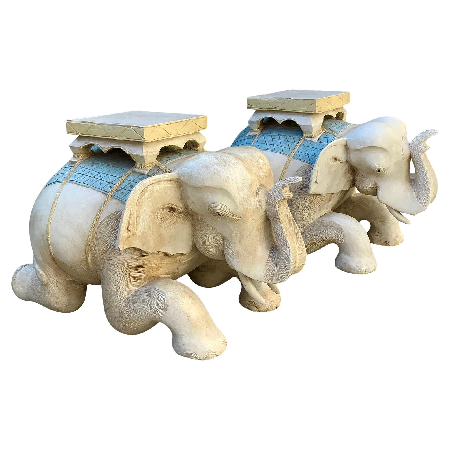 Pair Hand Carved Polychromed Wood Elephant Garden Seats For Sale