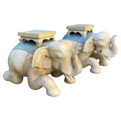 Retro Pair Hand Carved Polychromed Wood Elephant Garden Seats