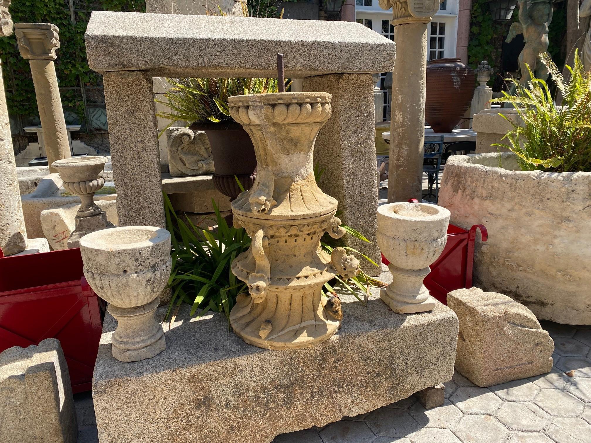 Pair Hand Carved Stone Pillar Finials Decorative Urns Vase Rustic Antiques LA CA 1