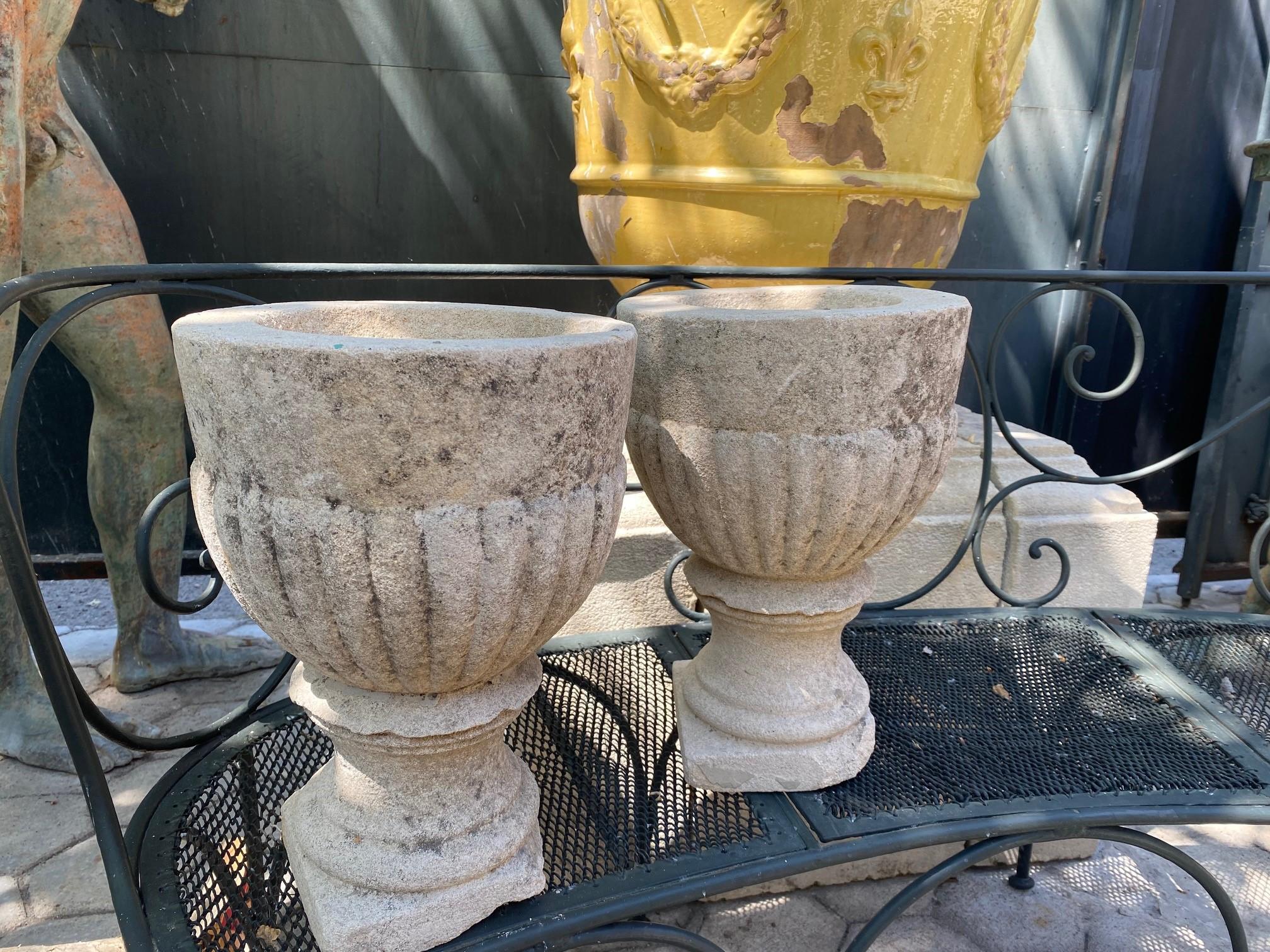 Pair Hand Carved Stone Pillar Finials Decorative Urns Vase Rustic Antiques LA CA 4