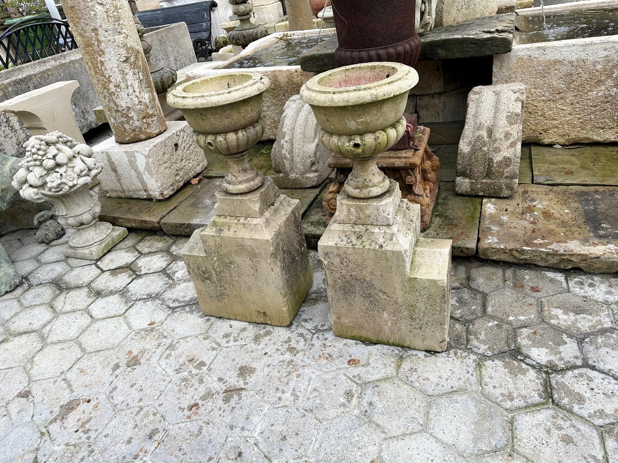 Pair Hand Carved Stone Pillar Finials Decorative Urns Vase Rustic Jardinières Ca For Sale 6