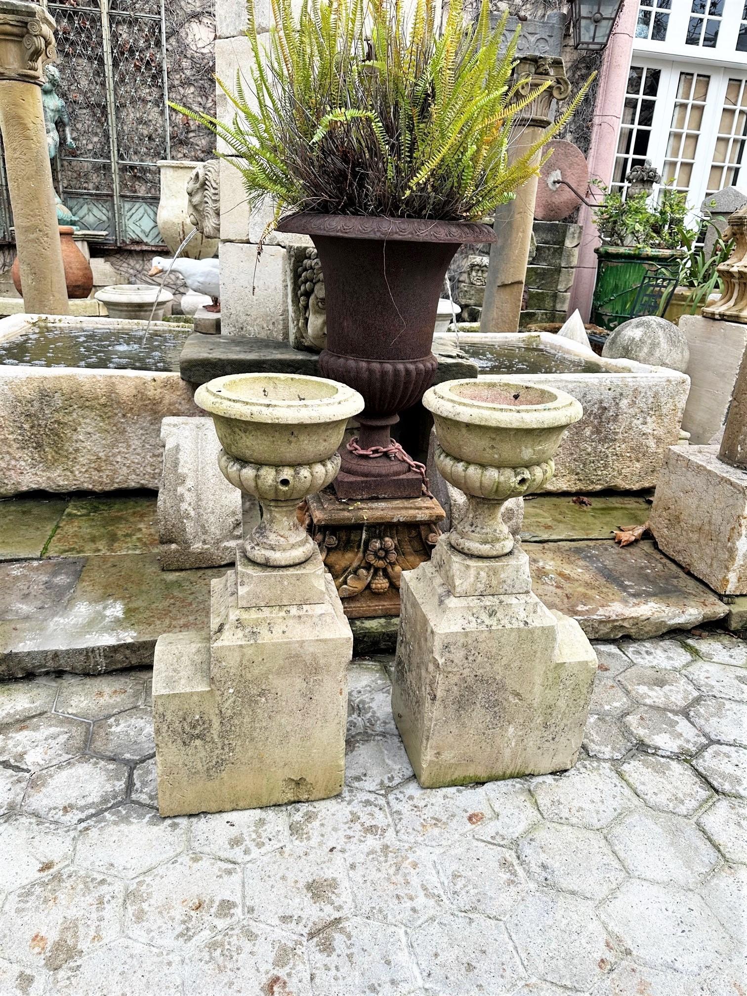 Pair Hand Carved Stone Pillar Finials Decorative Urns Vase Rustic Jardinières Ca For Sale 9