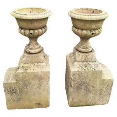 Pair Hand Carved Stone Pillar Finials Decorative Urns Vase Rustic Jardinières Ca