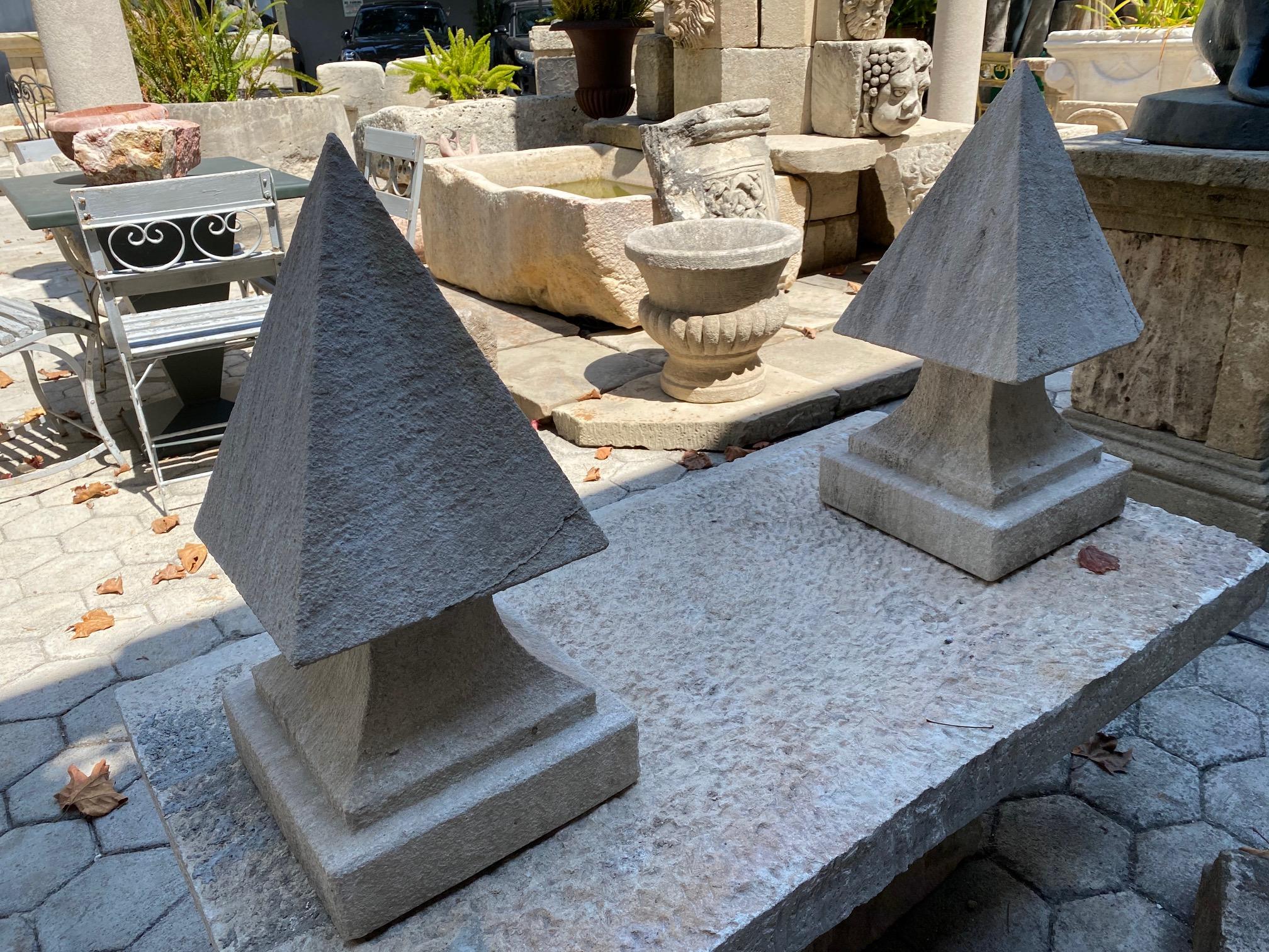 Hand Carved Stone Pyramid Finial Cap Base Pedestal Antiques, Pair Los Angeles CA For Sale 2