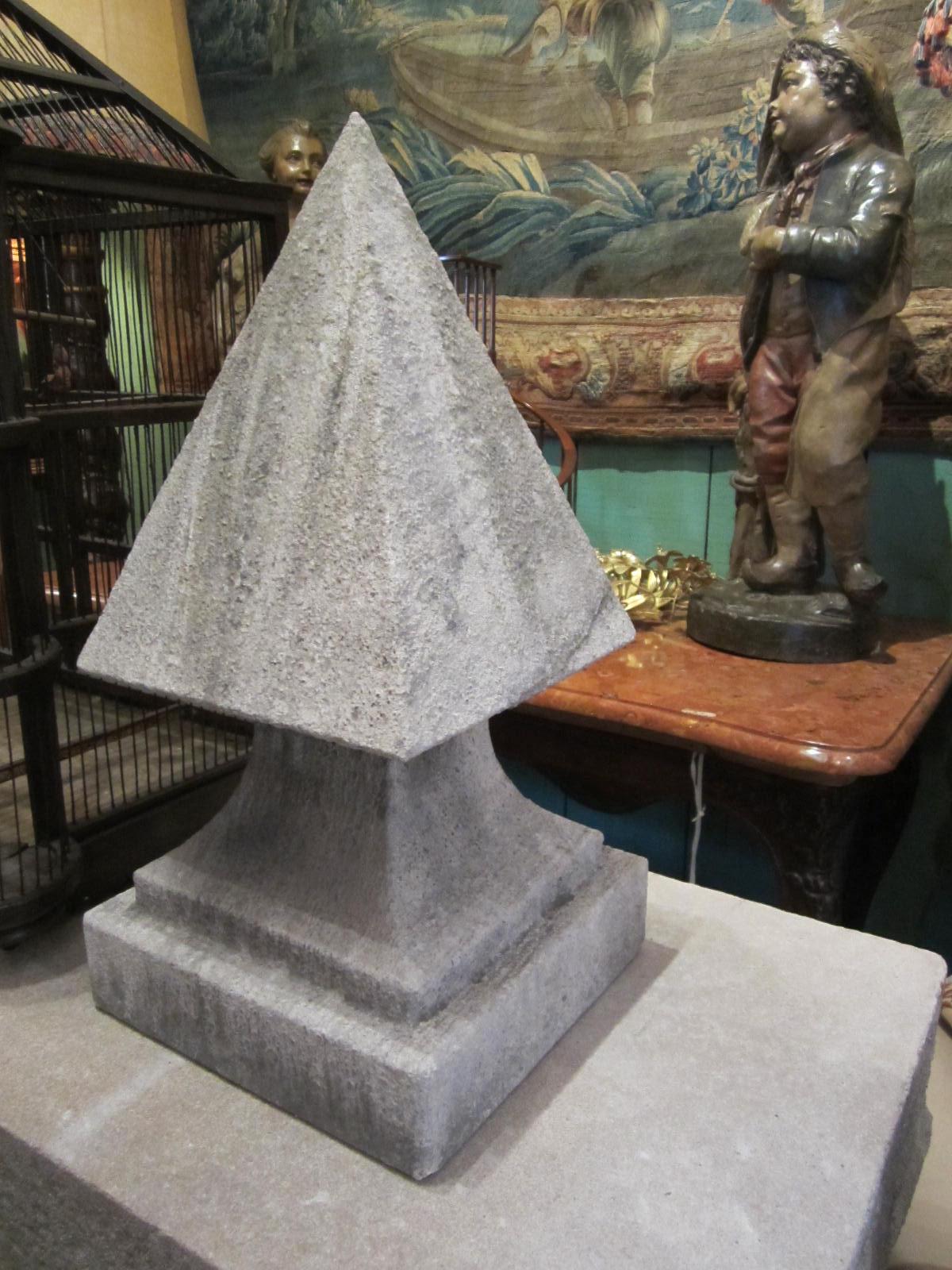 Hand Carved Stone Pyramid Finial Cap Base Pedestal Antiques, Pair Los Angeles CA For Sale 4