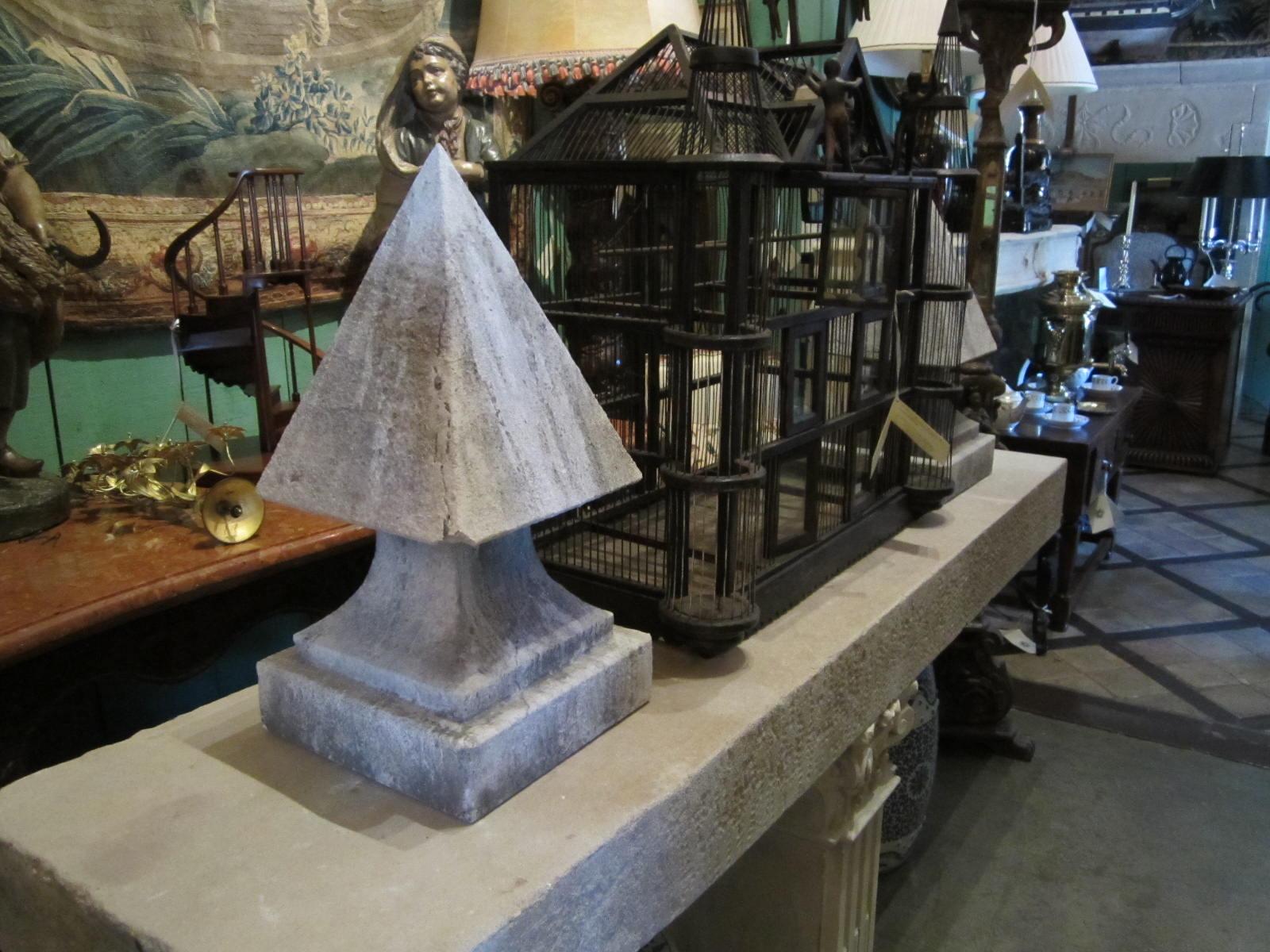 Hand Carved Stone Pyramid Finial Cap Base Pedestal Antiques, Pair Los Angeles CA For Sale 6