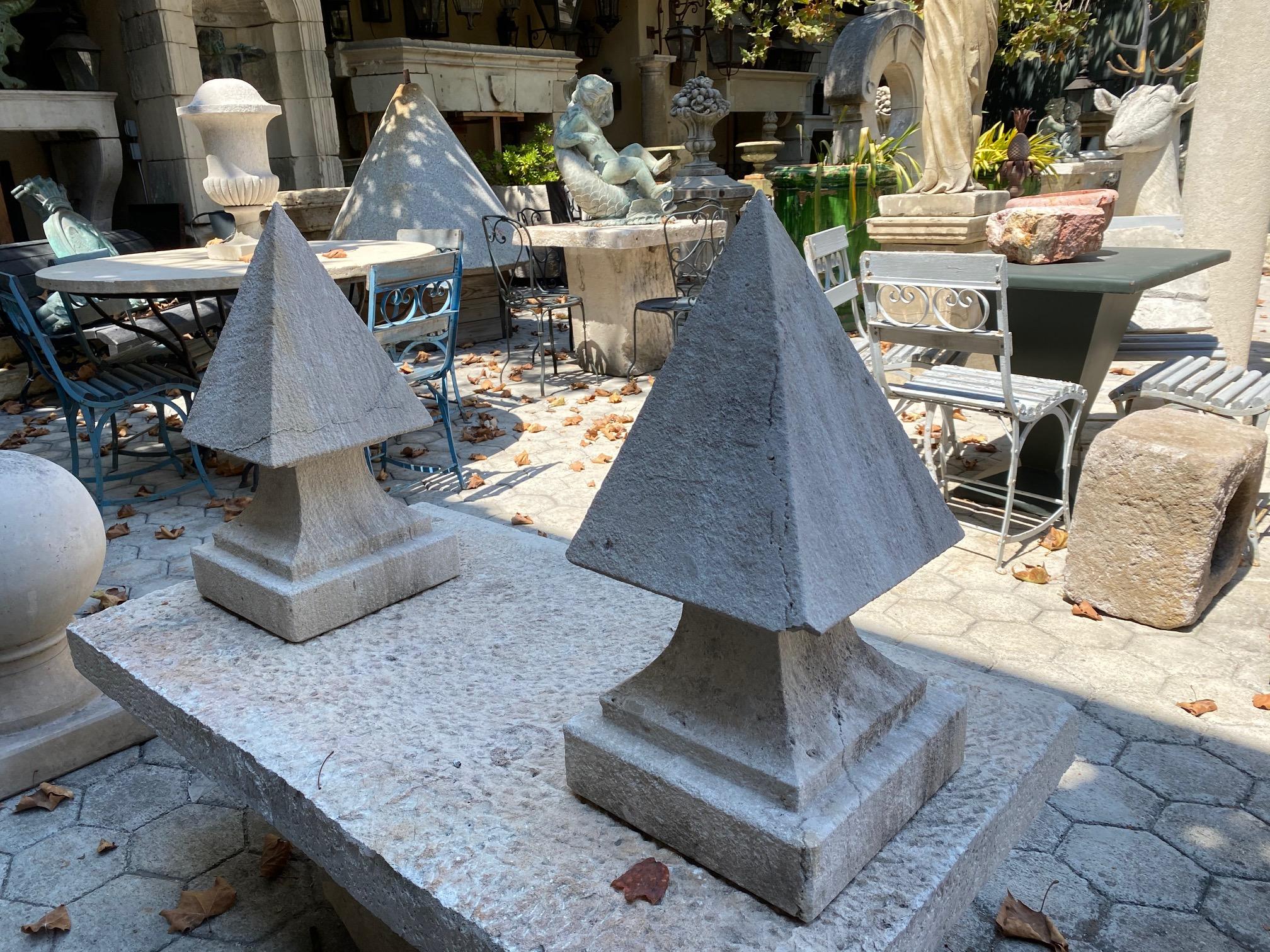 Hand Carved Stone Pyramid Finial Cap Base Pedestal Antiques, Pair Los Angeles CA For Sale 7