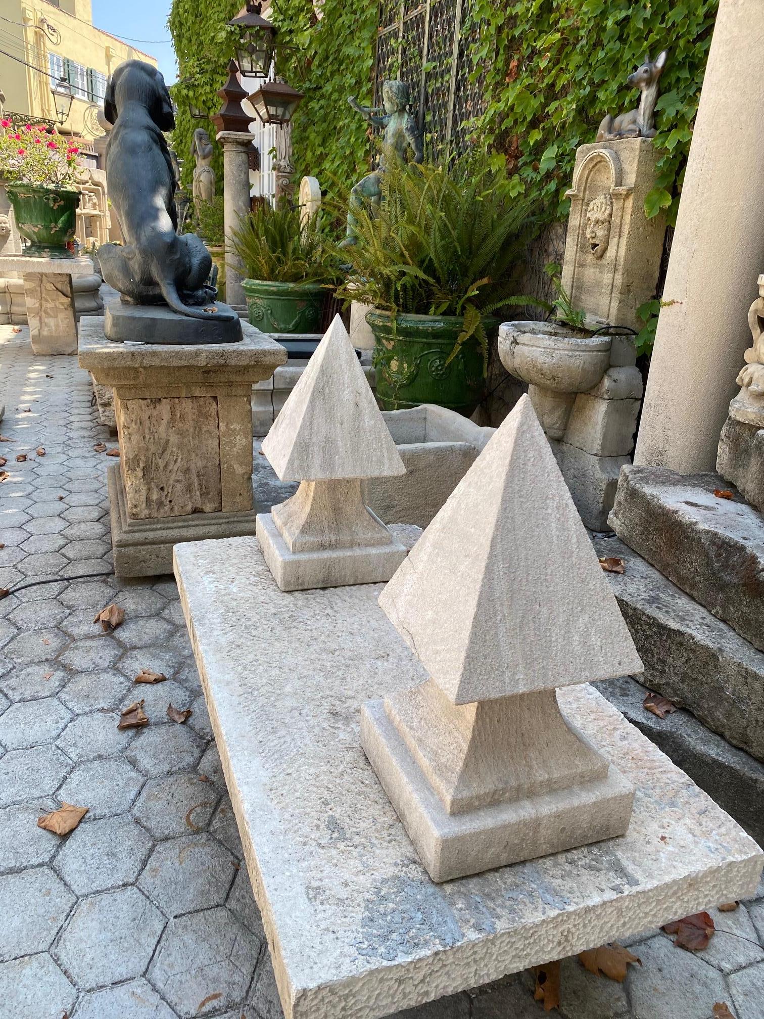 French Hand Carved Stone Pyramid Finial Cap Base Pedestal Antiques, Pair Los Angeles CA For Sale