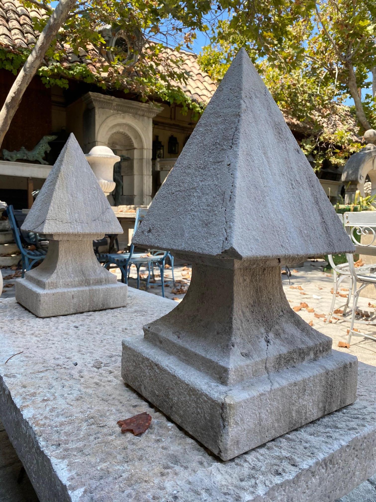 Hand-Carved Hand Carved Stone Pyramid Finial Cap Base Pedestal Antiques, Pair Los Angeles CA For Sale