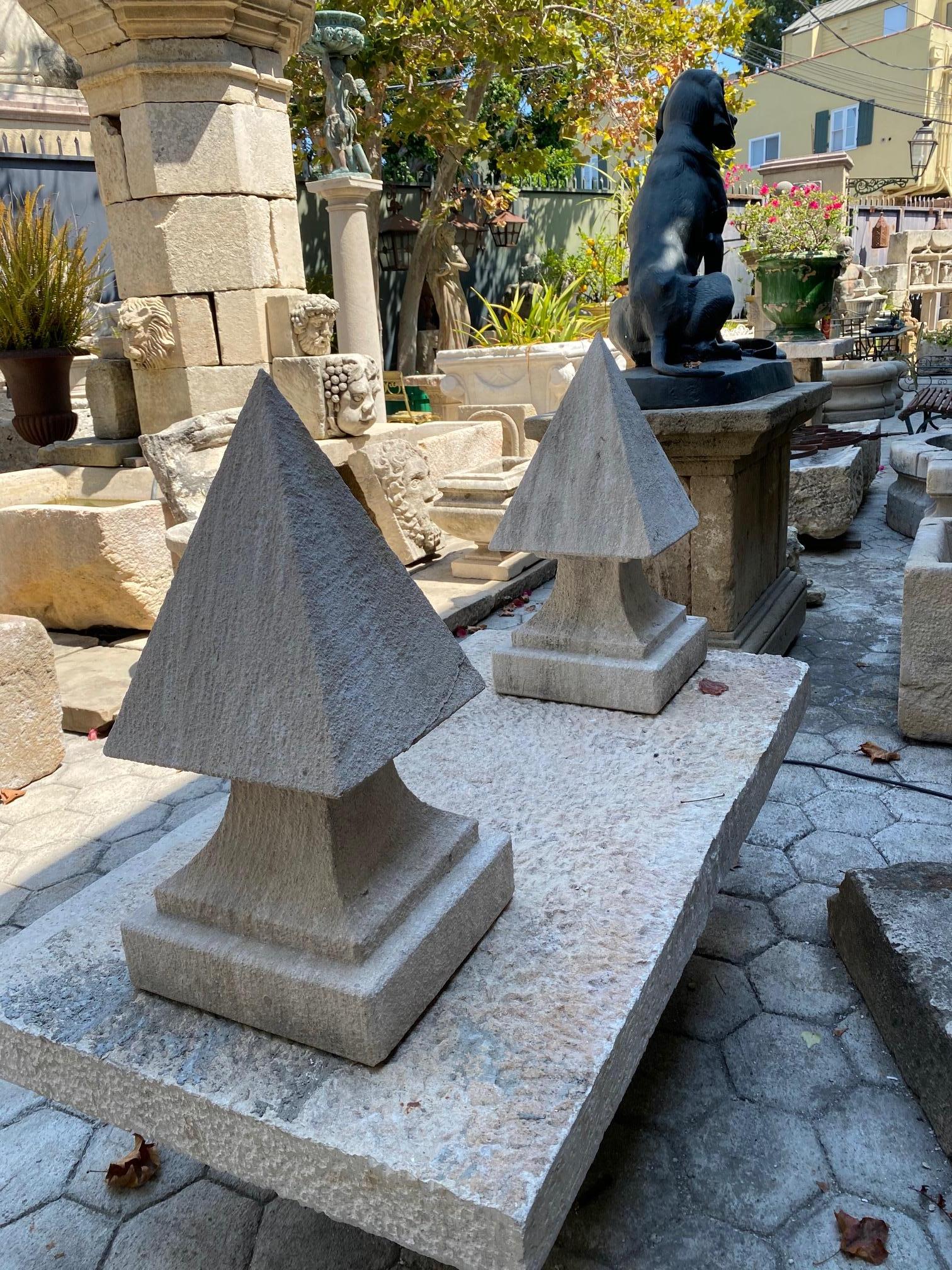 Hand Carved Stone Pyramid Finial Cap Base Pedestal Antiques, Pair Los Angeles CA For Sale 1