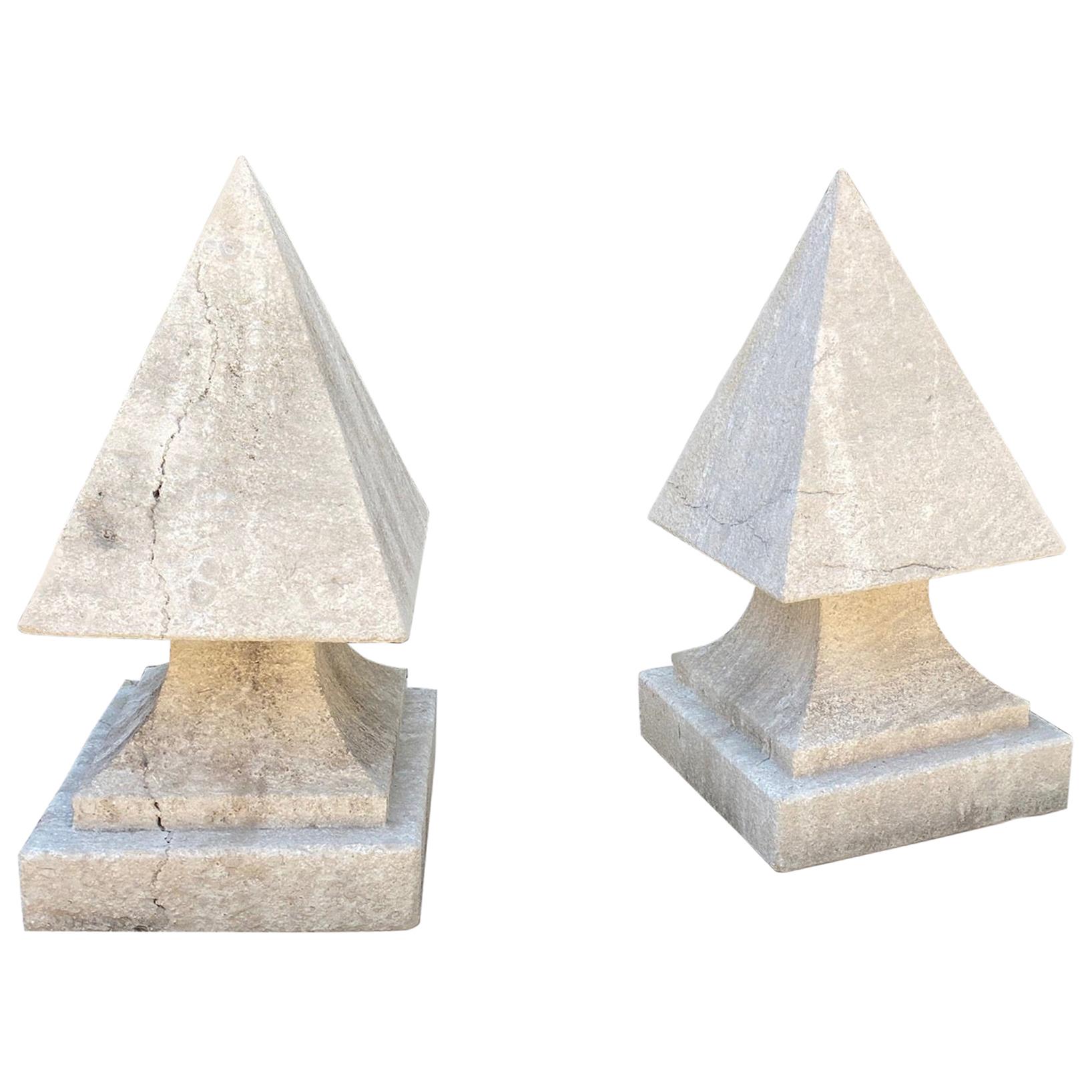 Hand Carved Stone Pyramid Finial Cap Base Pedestal Antiques, Pair Los Angeles CA