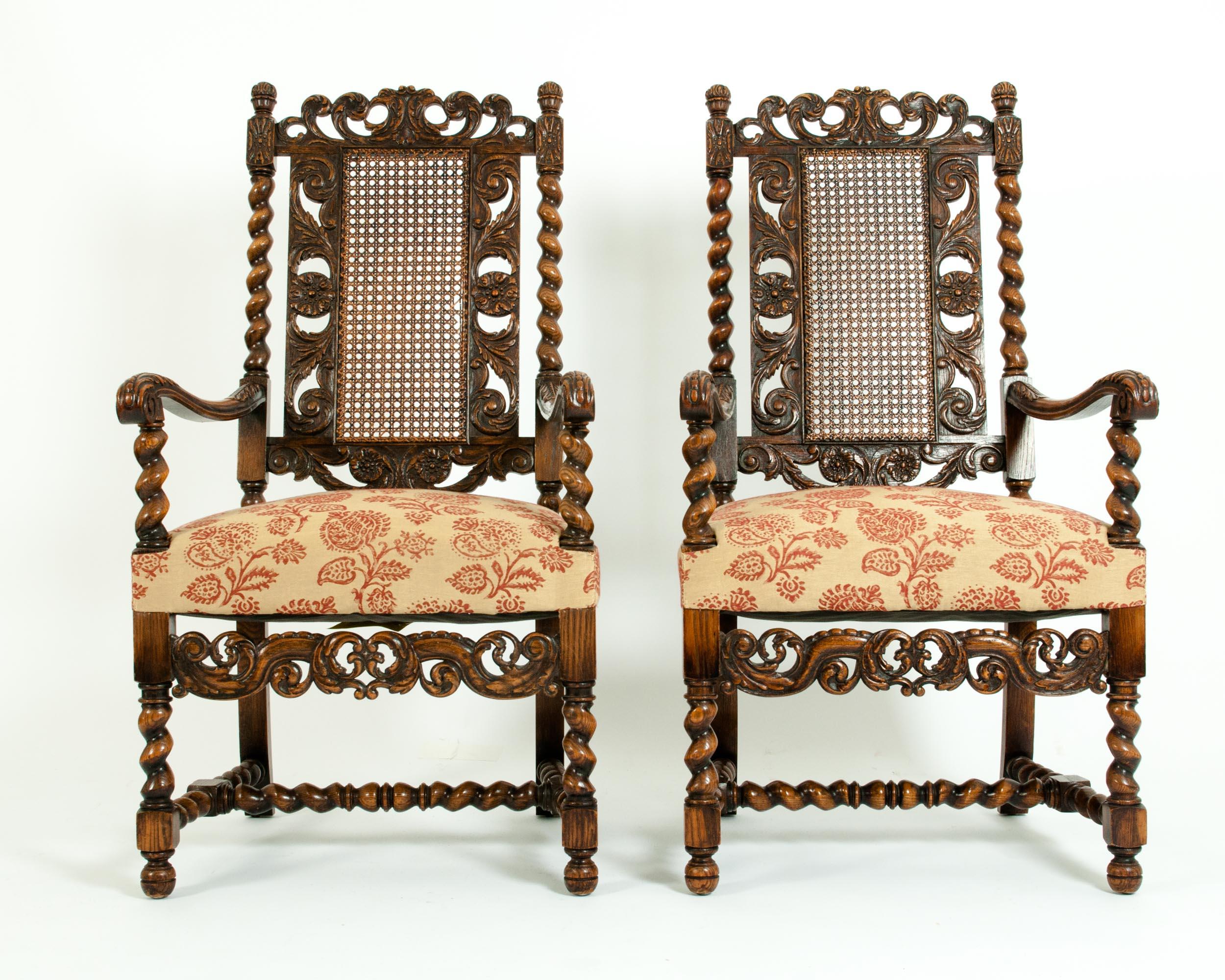 Pair  Hand Carved Walnut / Cane Back Armchairs / Corner Chairs 6