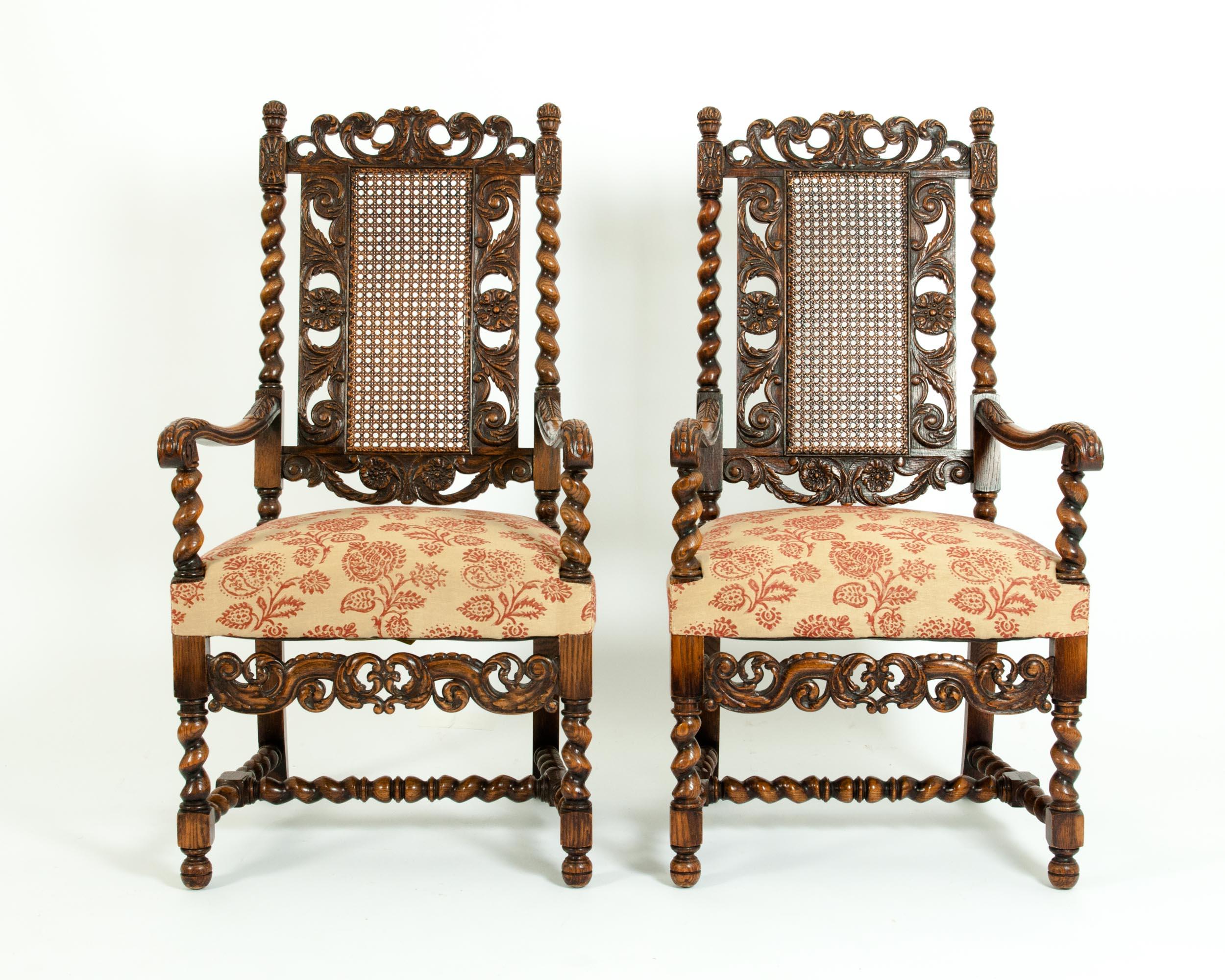 European Pair  Hand Carved Walnut / Cane Back Armchairs / Corner Chairs