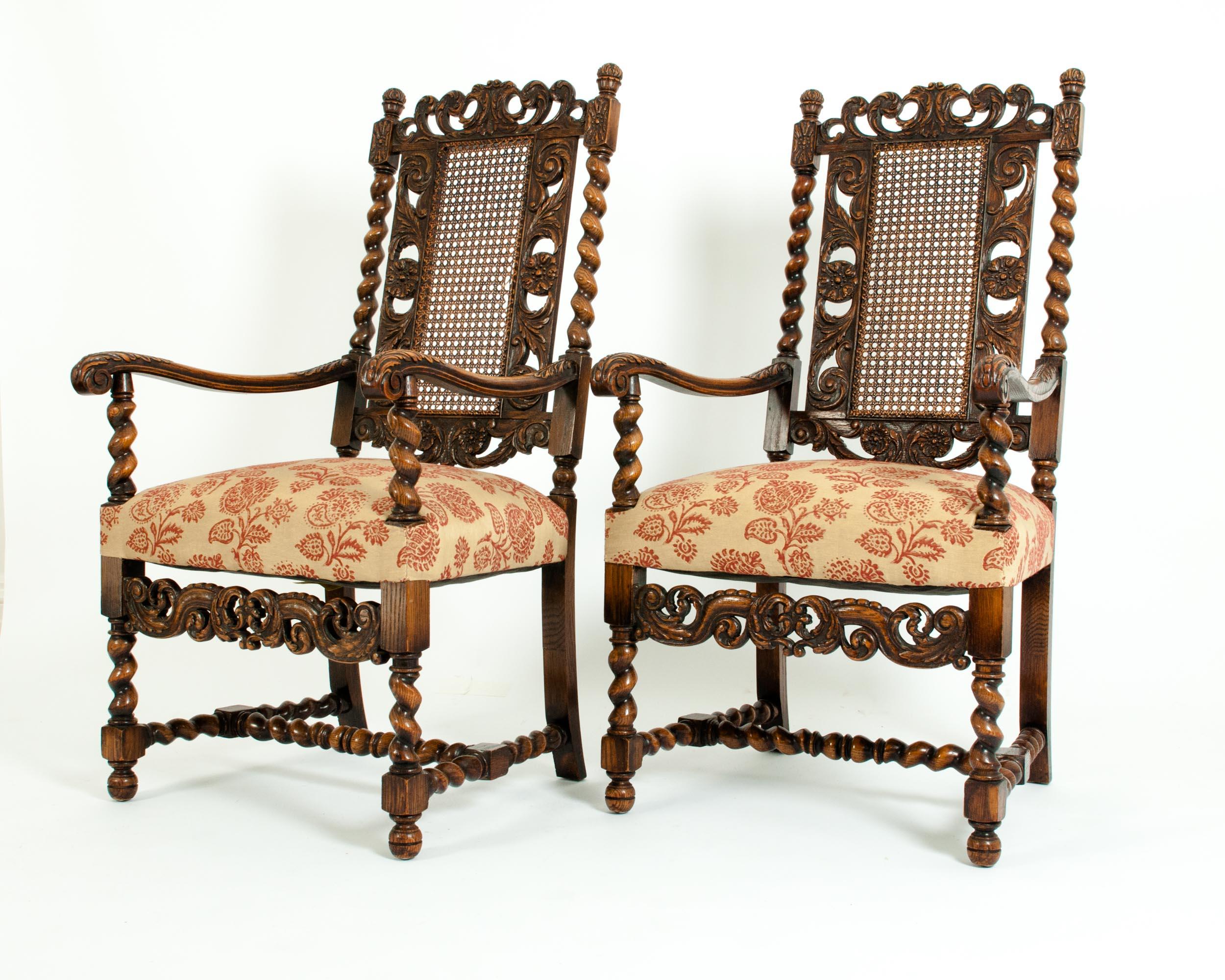 19th Century Pair  Hand Carved Walnut / Cane Back Armchairs / Corner Chairs