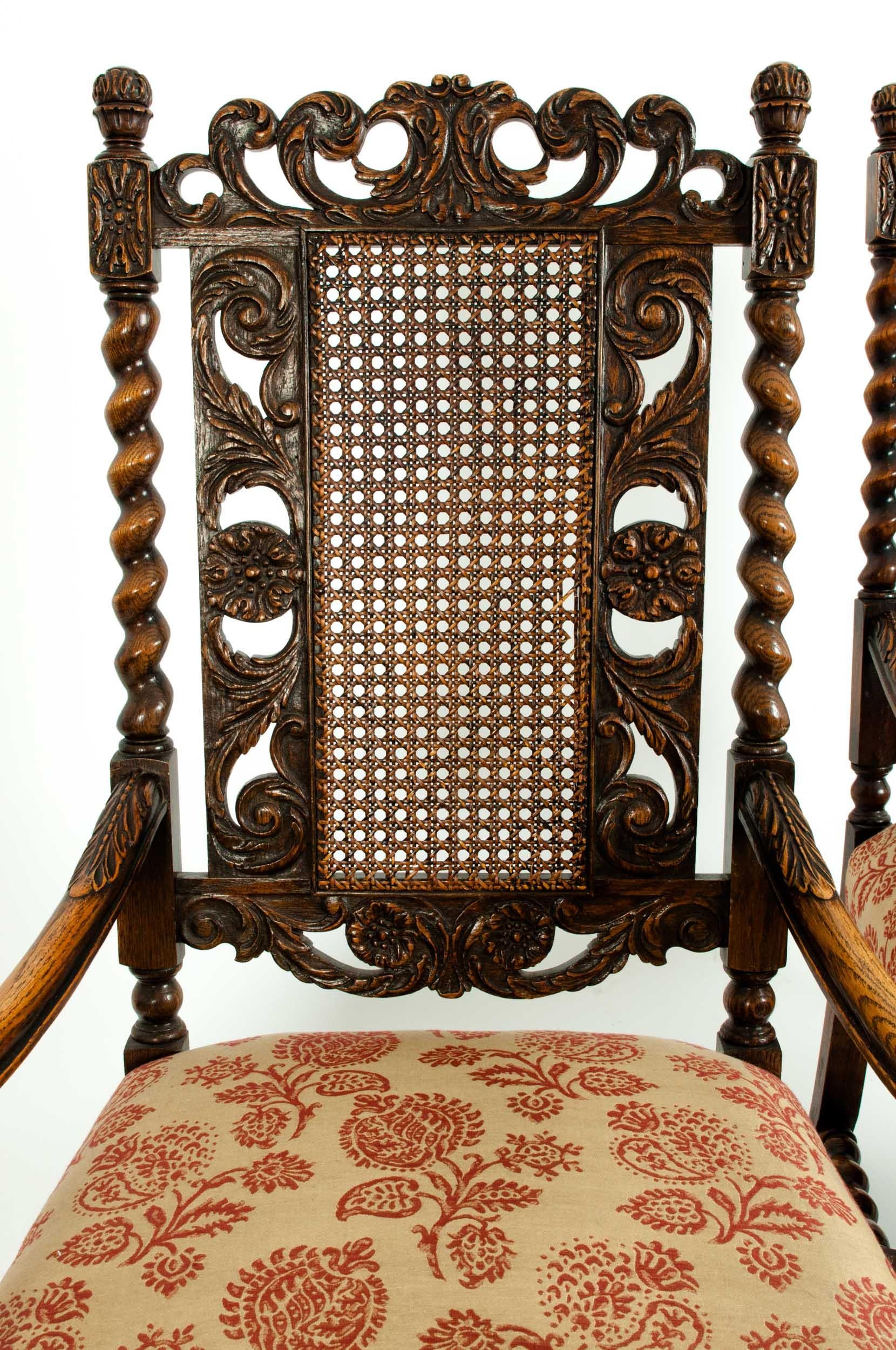 Pair  Hand Carved Walnut / Cane Back Armchairs / Corner Chairs 1