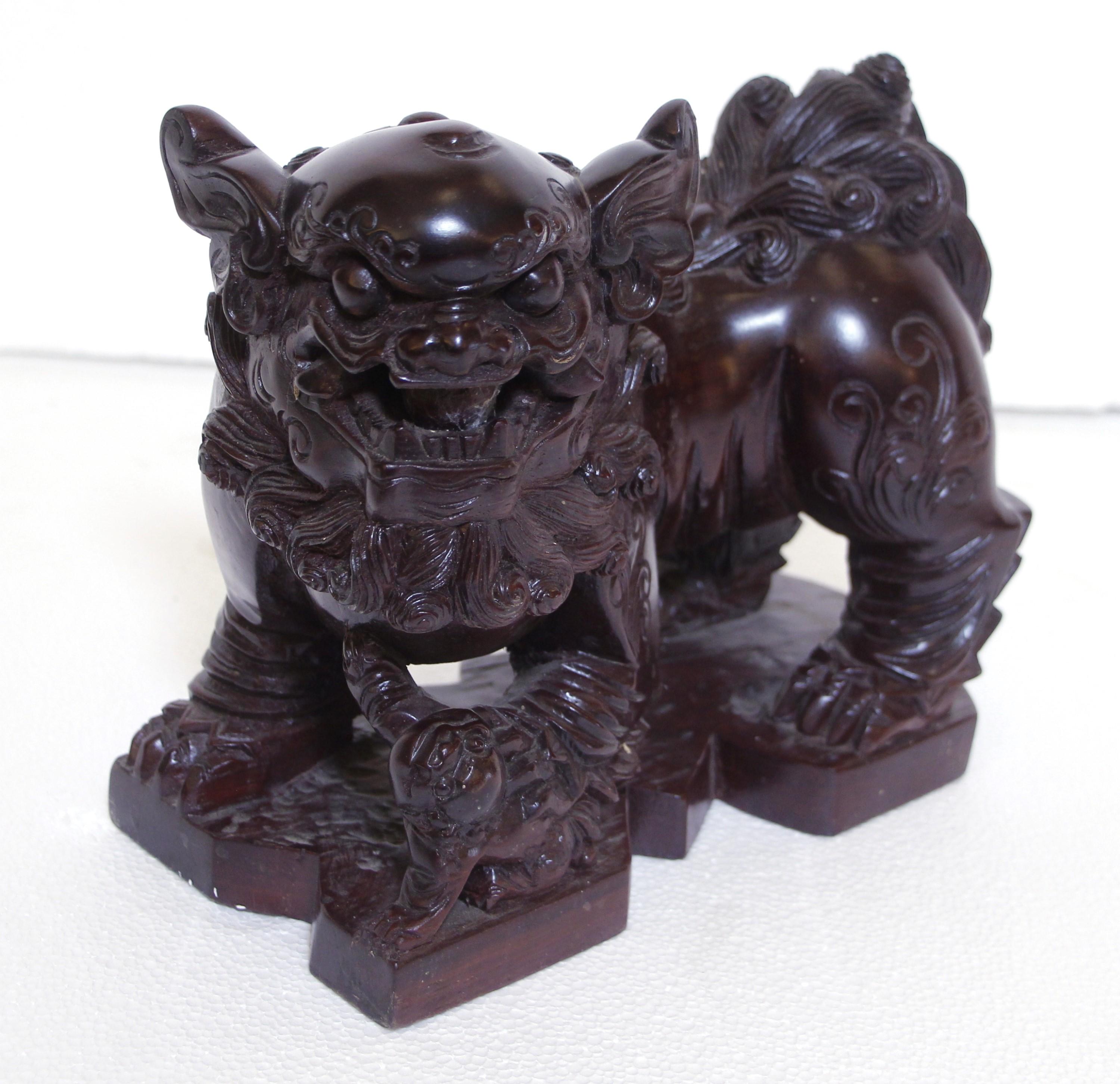 Pair Hand Carved Wood Cambodian Foo Dogs For Sale 6