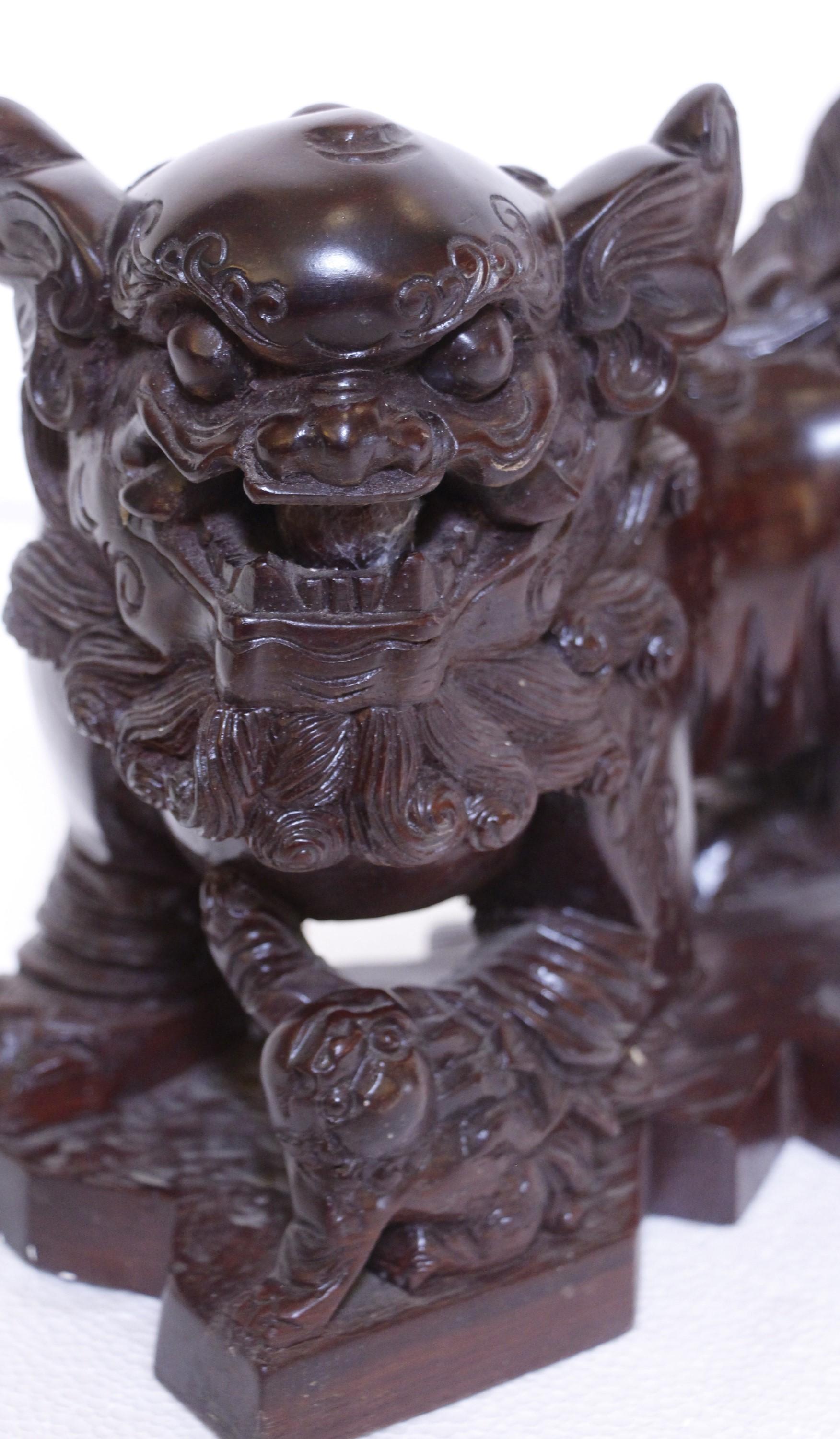 Pair Hand Carved Wood Cambodian Foo Dogs For Sale 7