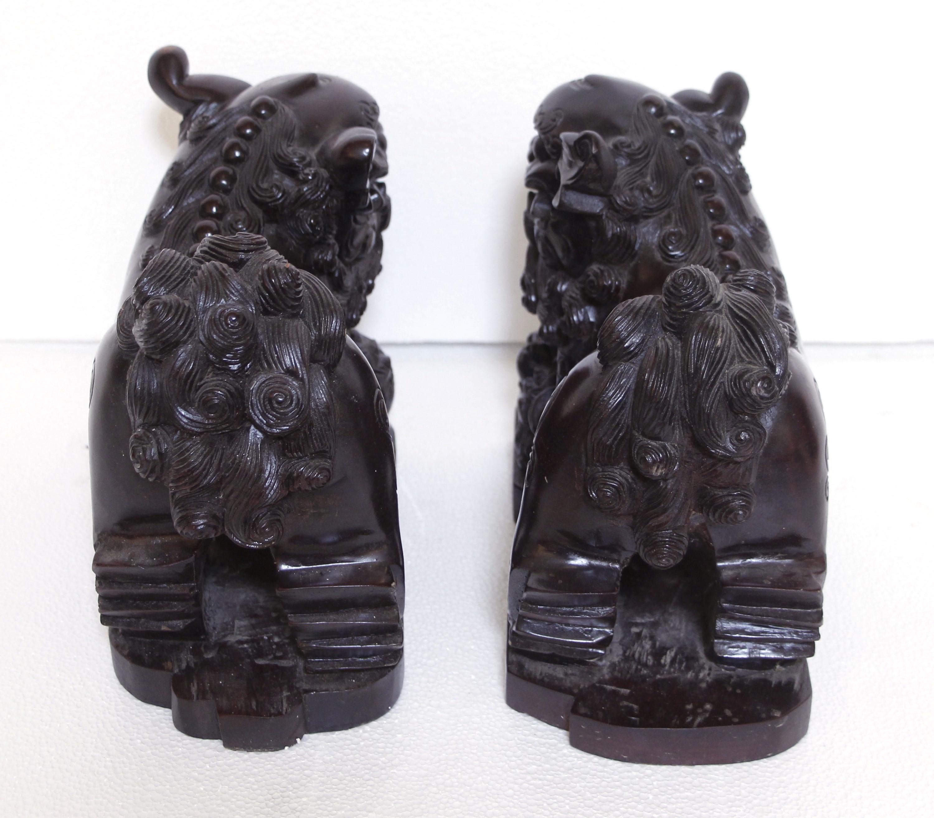 Pair Hand Carved Wood Cambodian Foo Dogs For Sale 1
