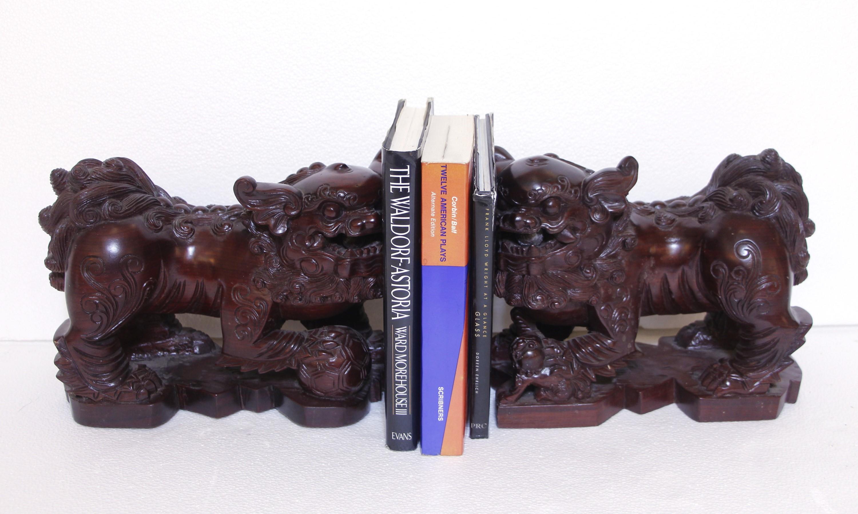 Pair Hand Carved Wood Cambodian Foo Dogs For Sale 2